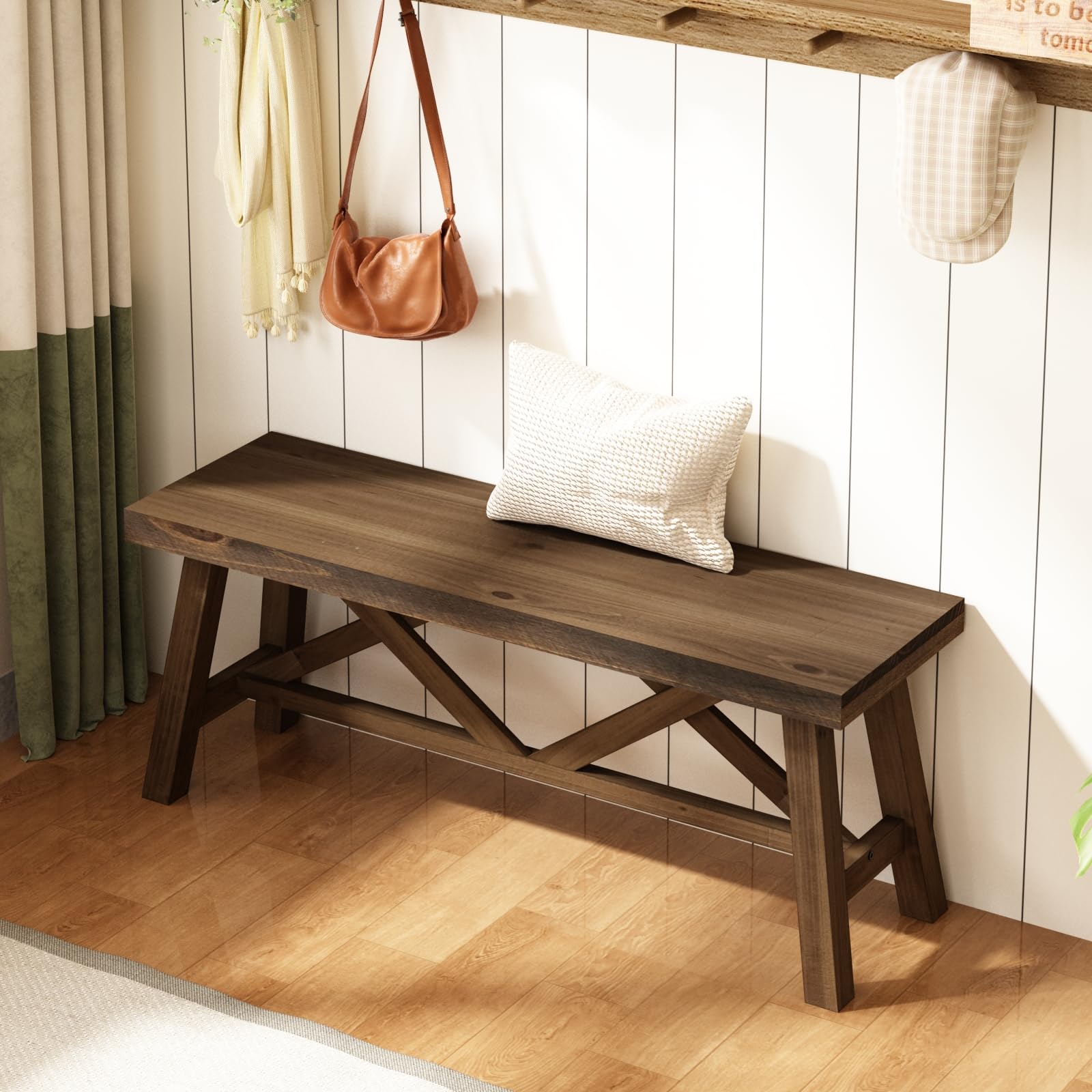 Wnutrees 43" Farmhouse Solid Wood Bench, Rustic Entryway Bench, Natural | Double X-Structure Dining Seat for End of Bed, Living Room, Hallway, Structural Stability, Rustic Decor