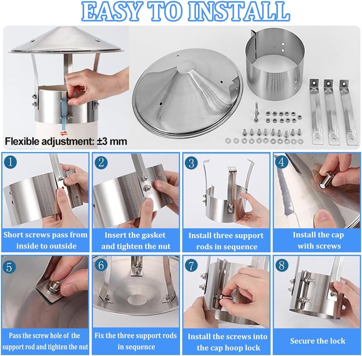 Chimney Cap with Cone Top, 201 Stainless Steel Round Chimney Cover Adjustable Exterior Stove Pipe Topper, 4in 5in 8in Rain Cap for Chimney for Fireplaces Fireplace Flue, Furnace Vent(160mm/6.3")