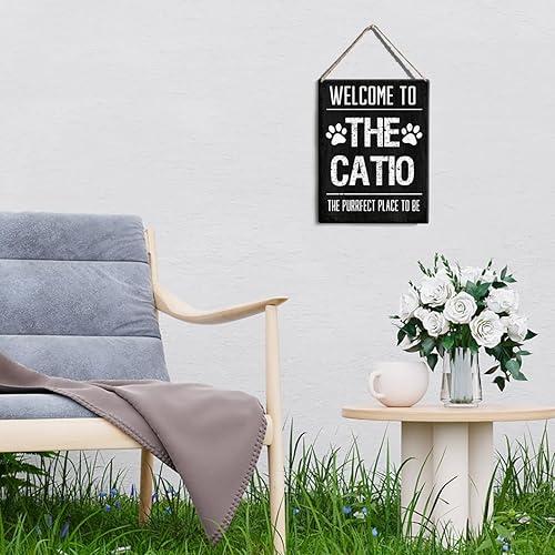 Miniatura 5 de Letreros colgantes de madera con texto en inglés "Welcome to the Catio the Purrfect Place to Be", decoración de pared rústica con diseño de gato