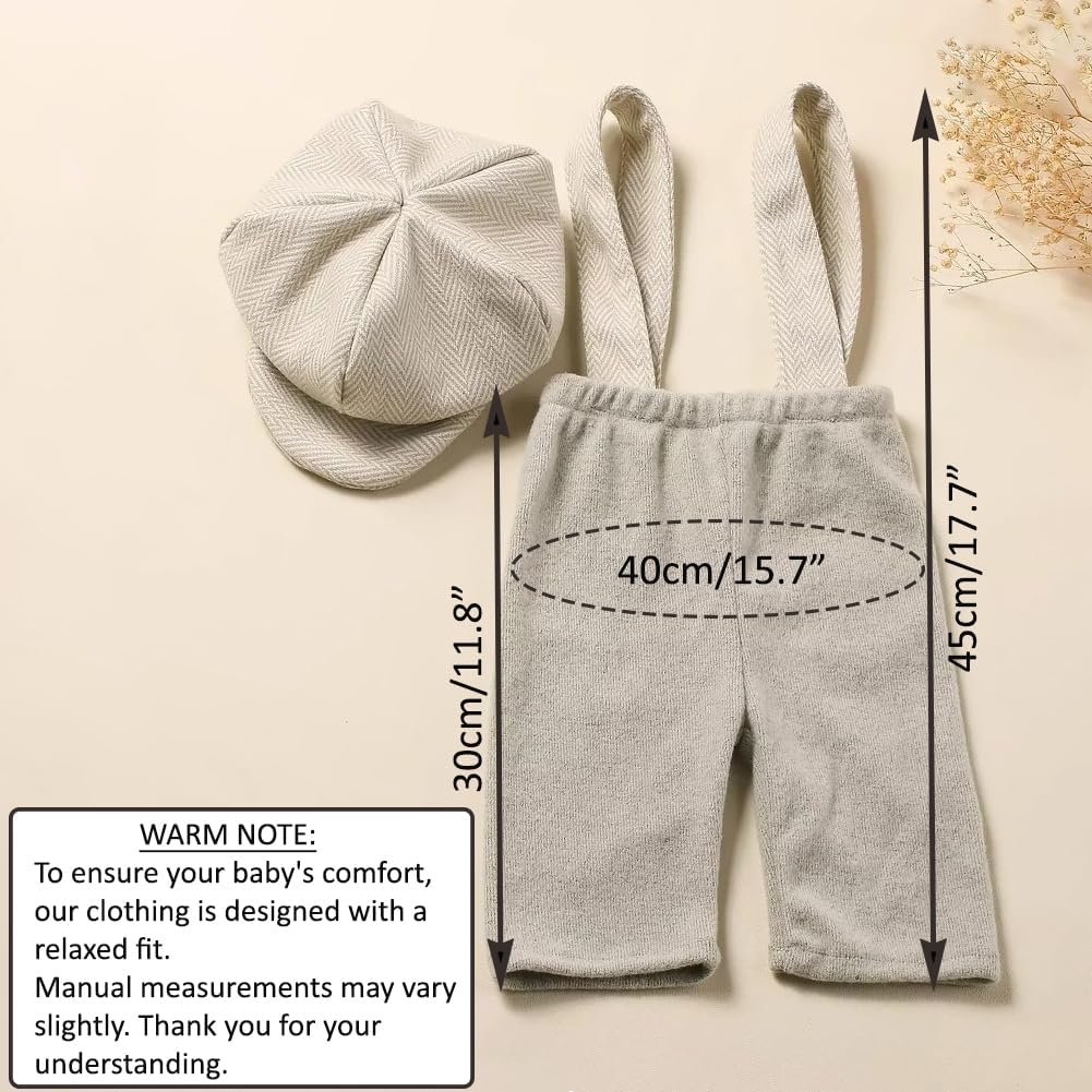 Gentleman Suit Photography Outfits - Boy Suspender Pants with Beret - 2Pcs Baby Photography Props - 0-3 Months (Green)