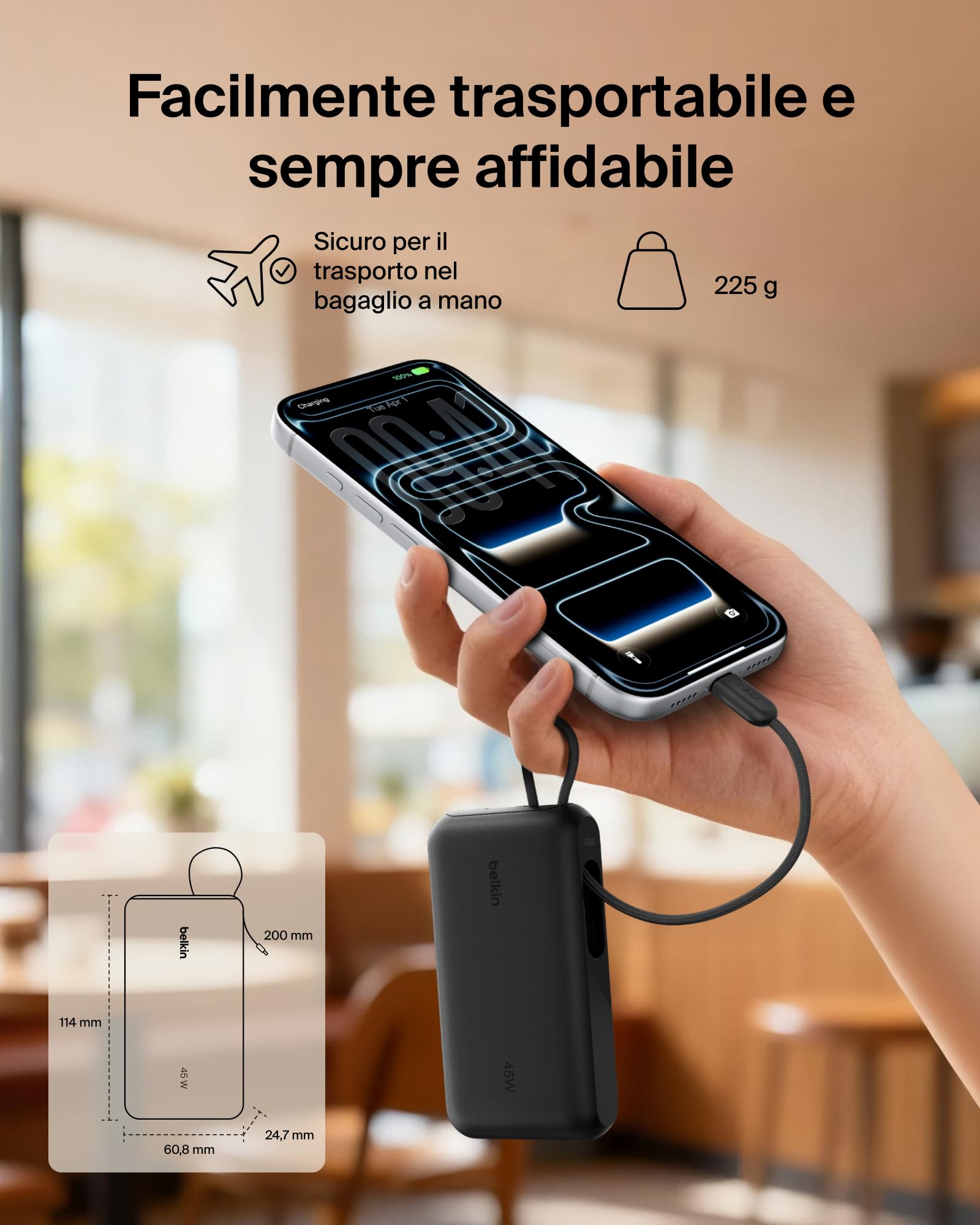 Belkin UltraCharge Power Bank 10000mAh con Cavo USB-C e Display - Nero | Caricatore Portatile 10000mAh, Ricarica 3 dispositivi (1 USB-C, Cavo USB-C Integrato, 1 USB-A), 45W, Pre-Caricato, Display