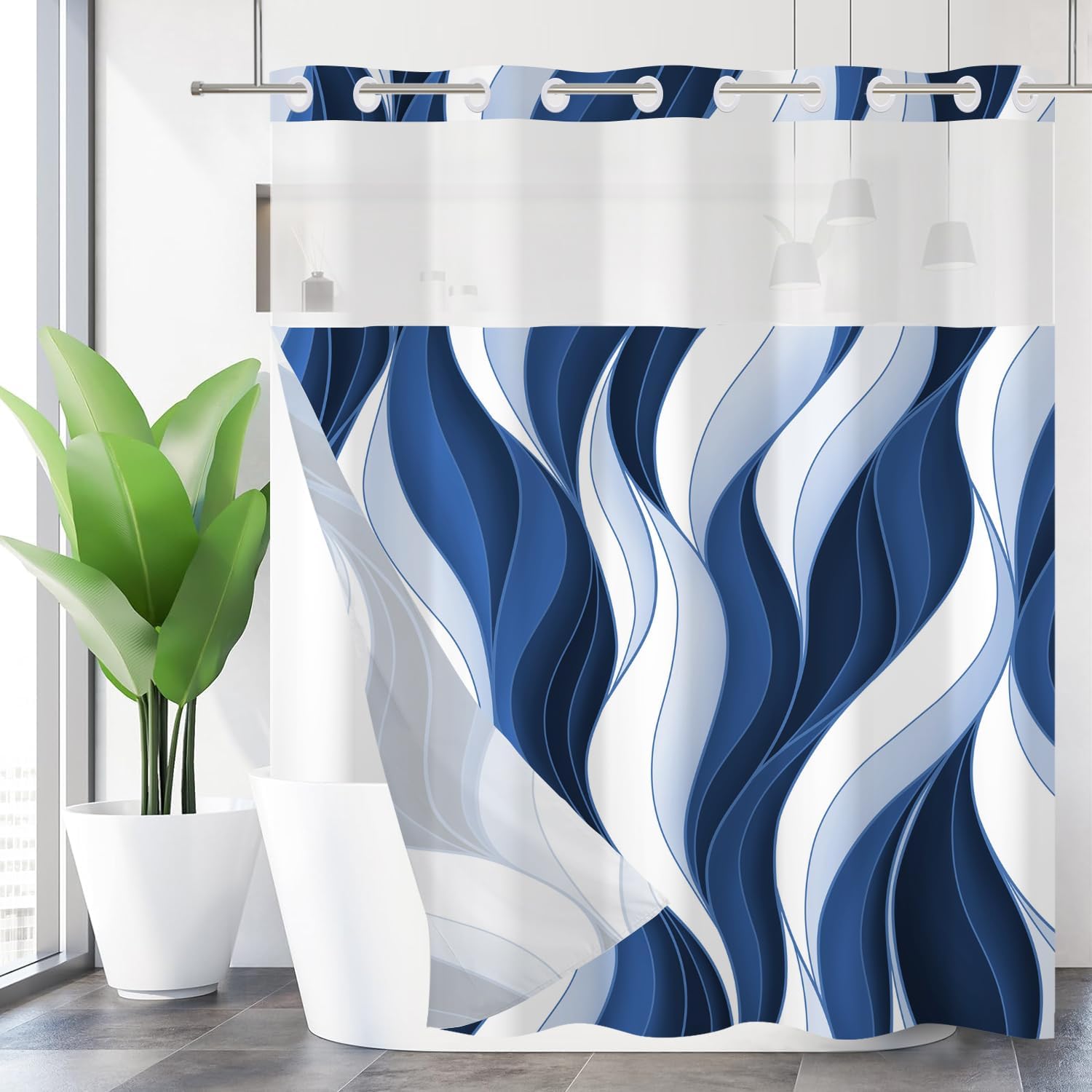 No Hook Shower Curtain with Snap in Liner, Hotel Style Modern Abstract Navy Blue Ombre White Striped Minimalist Art Shower Curtain Waterpoof Washable with See Through Top Window,71"x86"