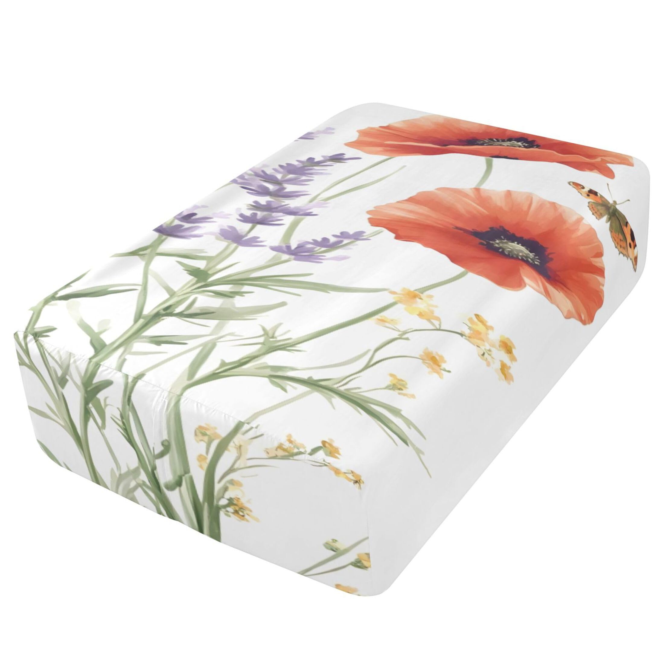 Sábana bajera tamaño individual con diseño de amapolas rojas para colchón de aire, bolsillo extra profundo de 24 pulgadas, funda suave y transpirable con apertura de válvula de cremallera