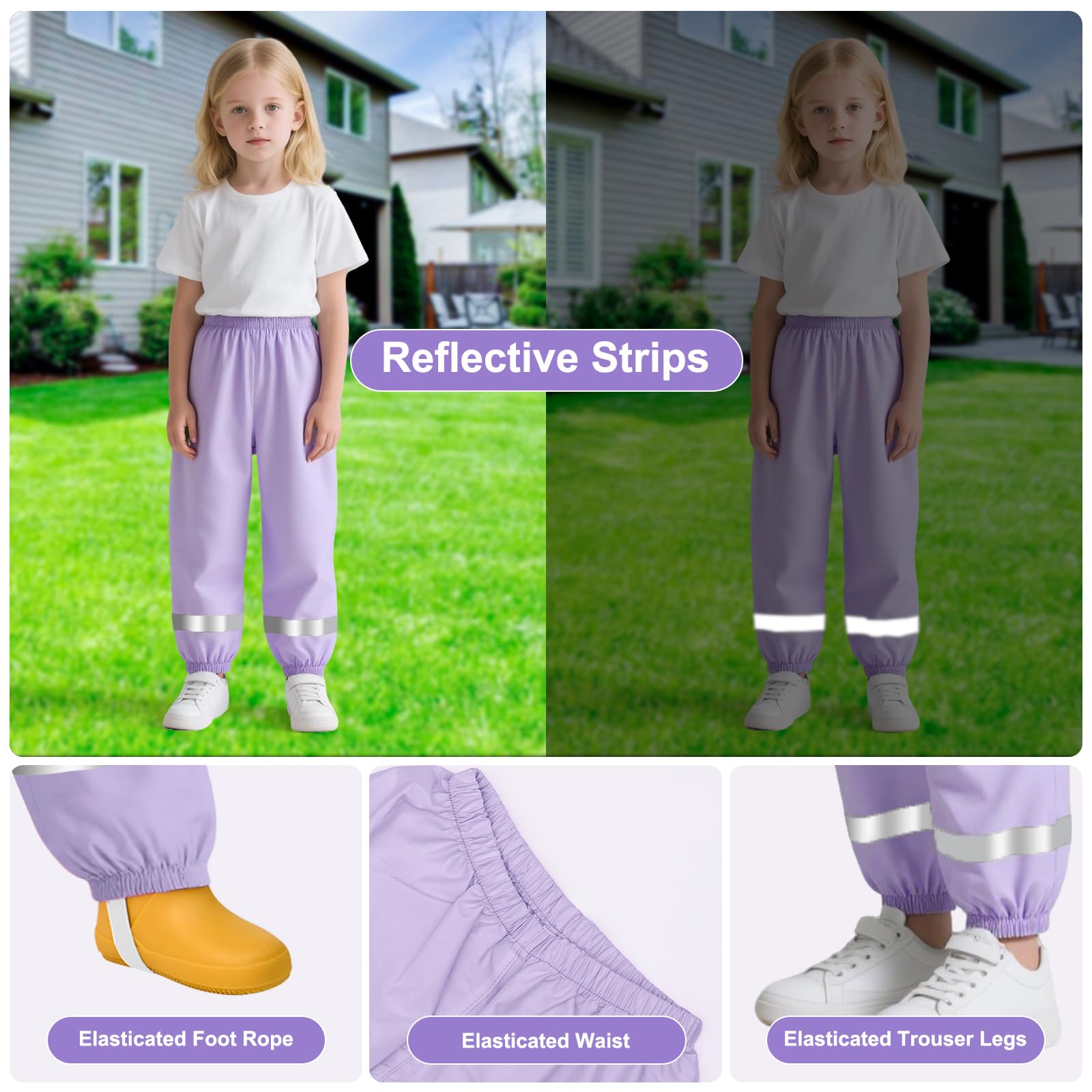 Pantalon Impermeable Niñas Niños Pantalones de Lluvia Ligeros Transpirables Pantalón Barro con Tiras Reflectantes sin Forro Peto de Lluvia Exterior Ciclismo Escuela para Infantil 1-10 años