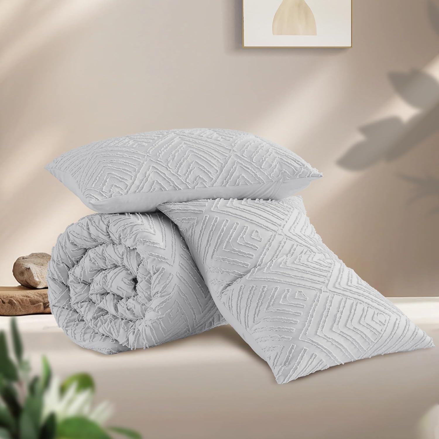 Andency Light Grey King Size Comforter Set, 3 Pieces Boho Bedding Set & Collections, Farmhouse Tufted Fluffy Bedding Comforter Sets for King Bed (1 Comforter 104x90In, 2 Pillowcases) - Image 3