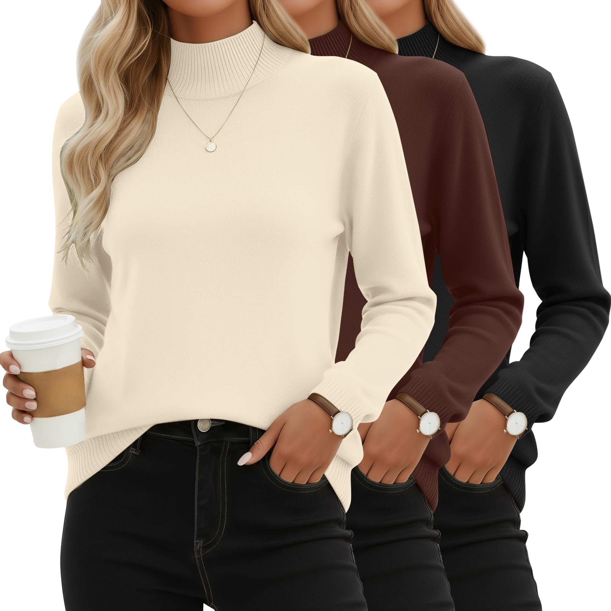 3 Pack Womens Mock Turtleneck Knit Sweaters Crew Neck Long Sleeve Tops Lightweight Thermal Pullover Basic Shirts