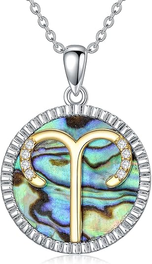 Natural Diamond Zodiac Necklace with Abalone Shell for Women S925 Sterling Silver 12 Constellation Coin Disc Necklace Pendant
