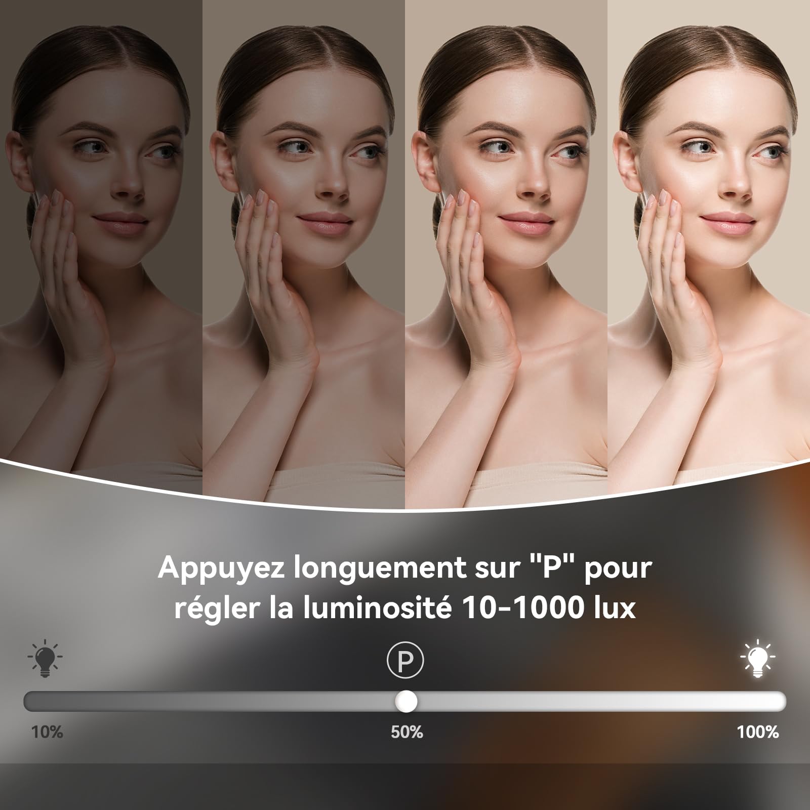 YOURLITE Miroir Maquillage Hollywood Rond D60cm, avec LED pour Coiffeuse, 3 Températures de Couleur dimmable, Port de Chargement USB, Loupe 10x, Installation Murale/sur Table