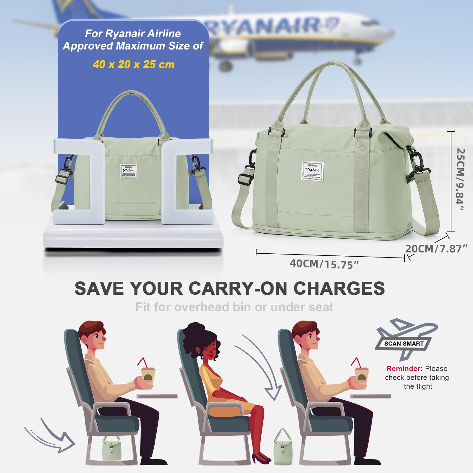 WEPLAN Borsone da Viaggio Donna 40x20x25 Ryanair Borsa da Viaggio Aereo Bagaglio a Mano Borsone Palestra Donna Weekend Ospedale Borsa Sportiva Piscina con Scomparto per le Scarpe,Bianco Verde