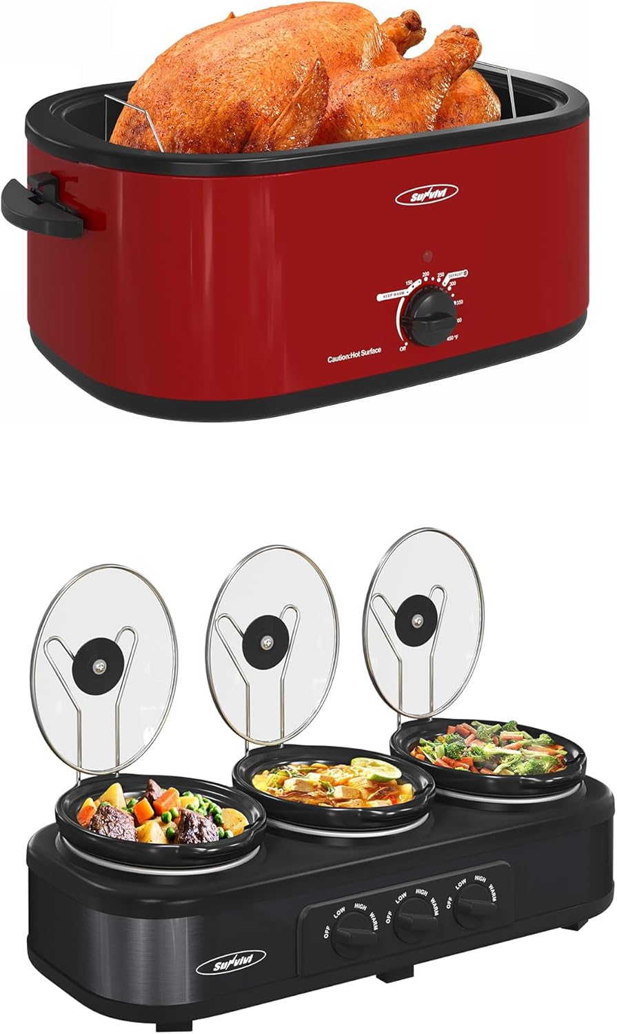 Sunvivi Roaster Oven and Triple Slow Cooker Buffet Servers and Warmer, 24QT Turkey Roaster with Unique Defrost/Warm Function, Red, 3 Pot Food Small Mini Manual Slow Cooker, Red