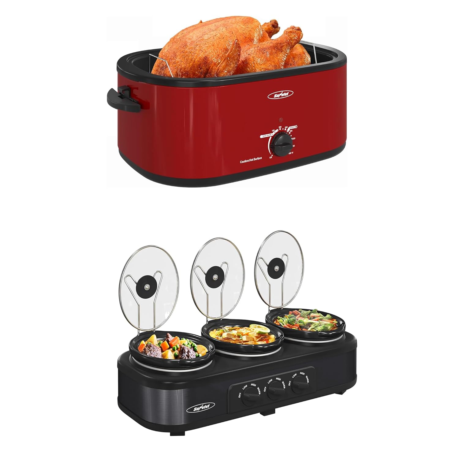 Sunvivi Roaster Oven and Triple Slow Cooker Buffet Servers and Warmer 24QT Turkey Roaster with Unique Defrost Warm