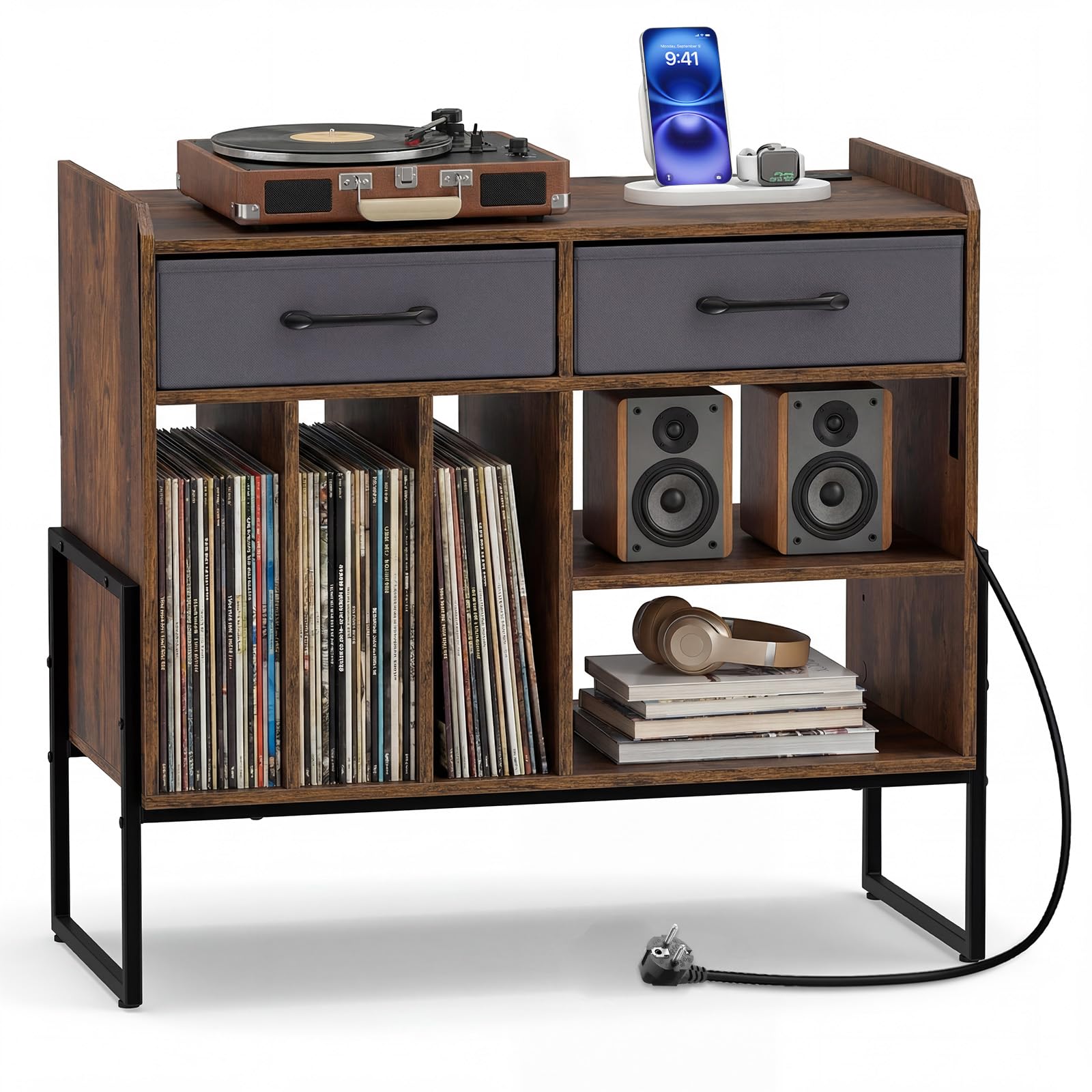 COSTWAY Supporto per Giradischi in Vinile, Mobile per Giradischi con Stazione di Ricarica, 2 Cassetti Rimovibili in Tessuto e Ripiano Regolabile, Supporto Porta Dischi Vinile per Soggiorno, Studio