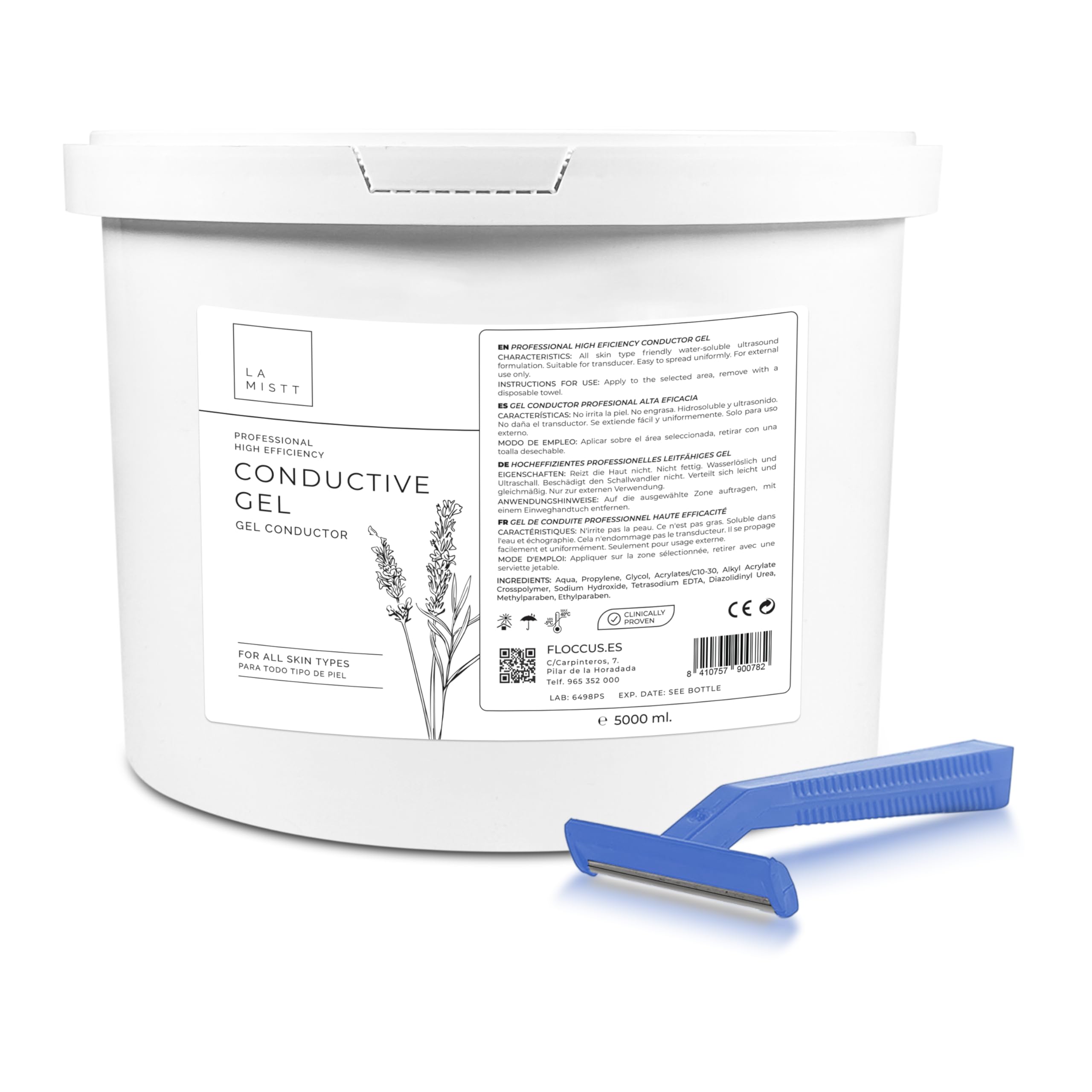 Pack Gel Conductor Cubo 5L + 100 Cuchillas de Afeitar Desechables Una Hoja | Gel Conductor Profesional para Electroestimulación, Electrodos, Ultrasonidos, Cavitación, Aparatología Profesional