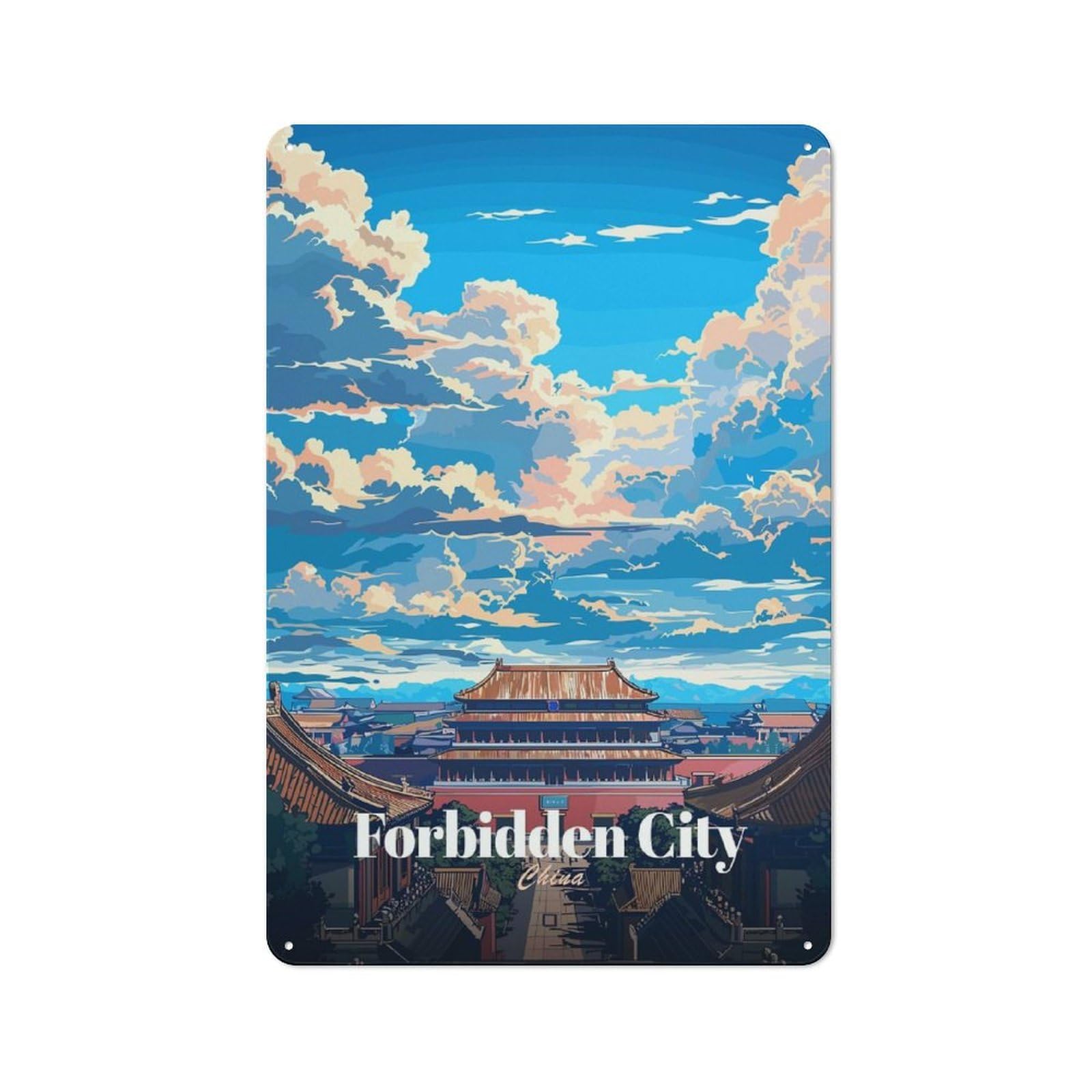 Vintage Metal Plaque 30x20cm Featuring Forbidden City China Travel, Diner Style Decor for Restaurant, Kitchen, Counter Or Breakfast Nook
