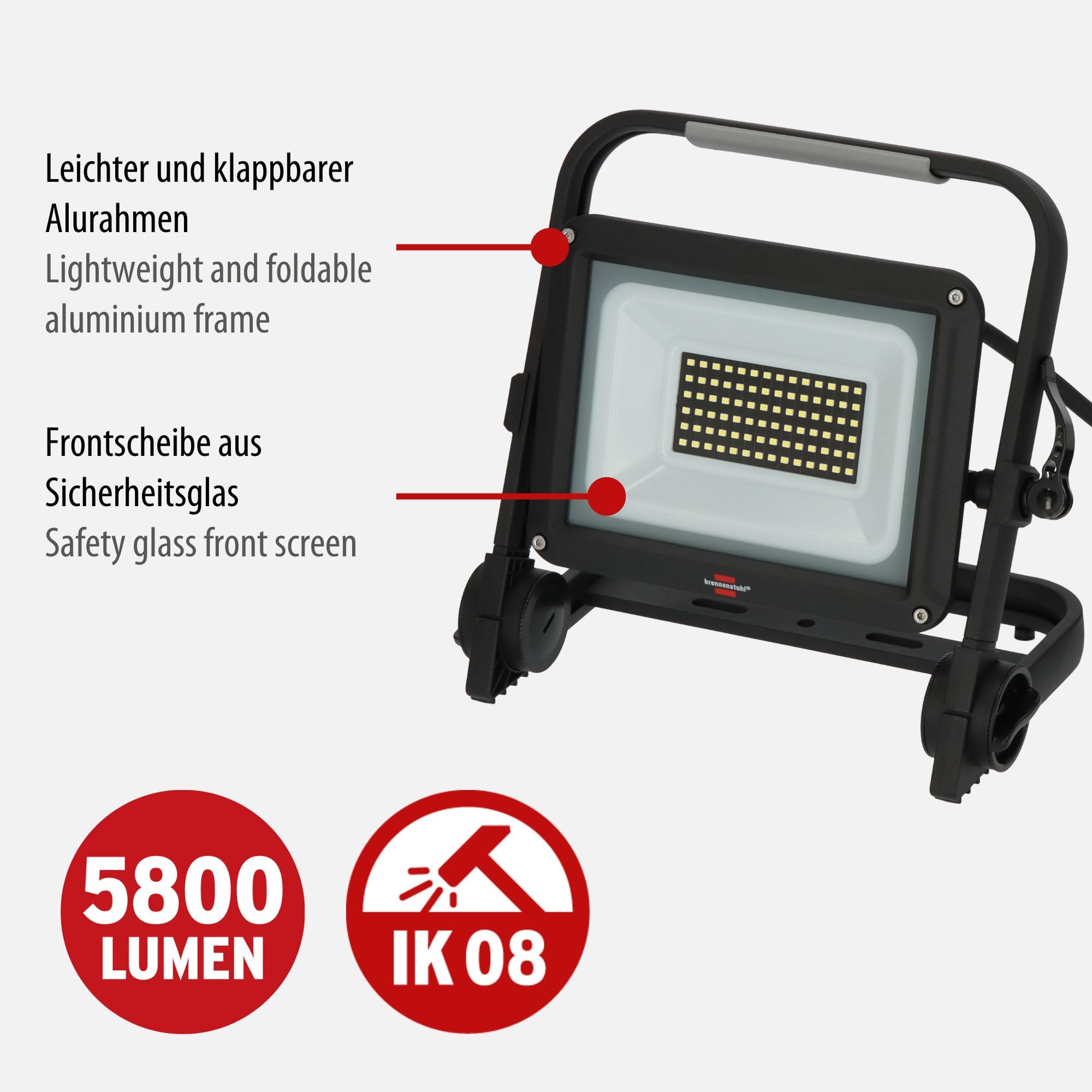 Brennenstuhl Mobilny reflektor LED JARO 7060 M Work Light 50W do użytku zewnętrznego (Reflektor outdoor z kablem 5m, LED 5800lm wykonany z aluminium, ściemnialy, IP65)