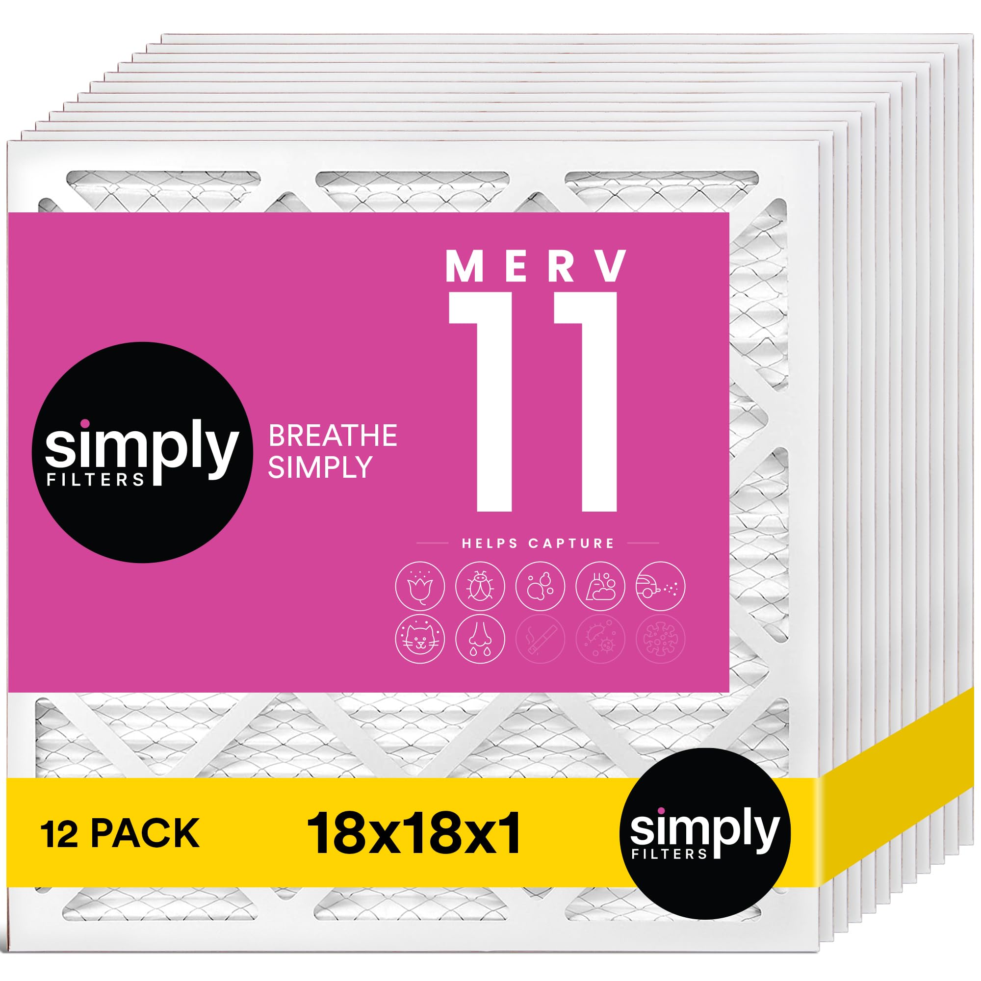 Simply 18x18x1 Air Filter, MERV 11, 12 Pack, For Home AC Furnace & HVAC (Actual Size: 17.75"x17.75"x0.75") DUST, Pet, & Allergy Control