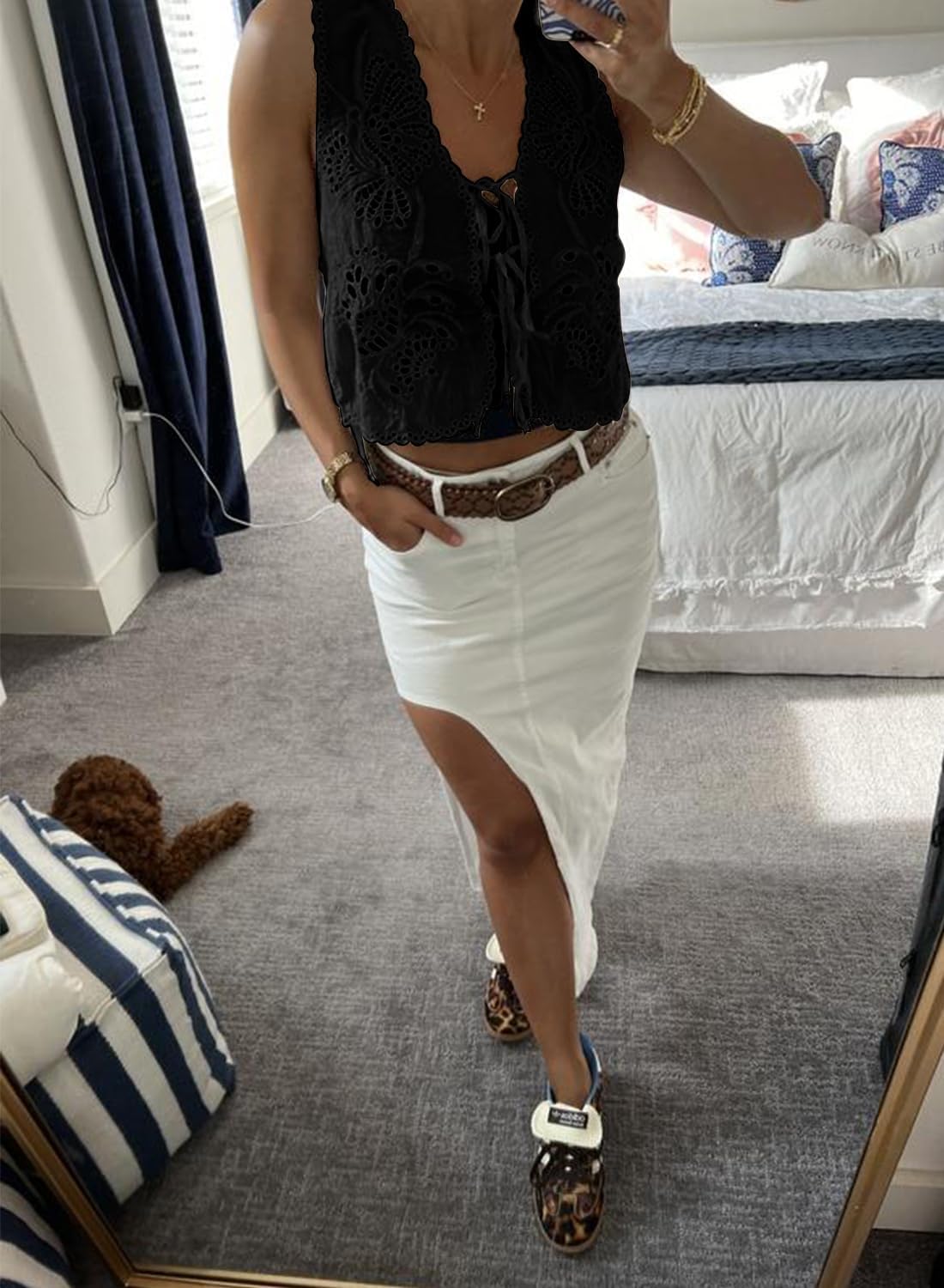 Peaceglad Womens Vest Top Trendy Floral Embroidered Eyelet Tie Front Tops Fashion Crochet Lace Hollow Out Vests - Image 7