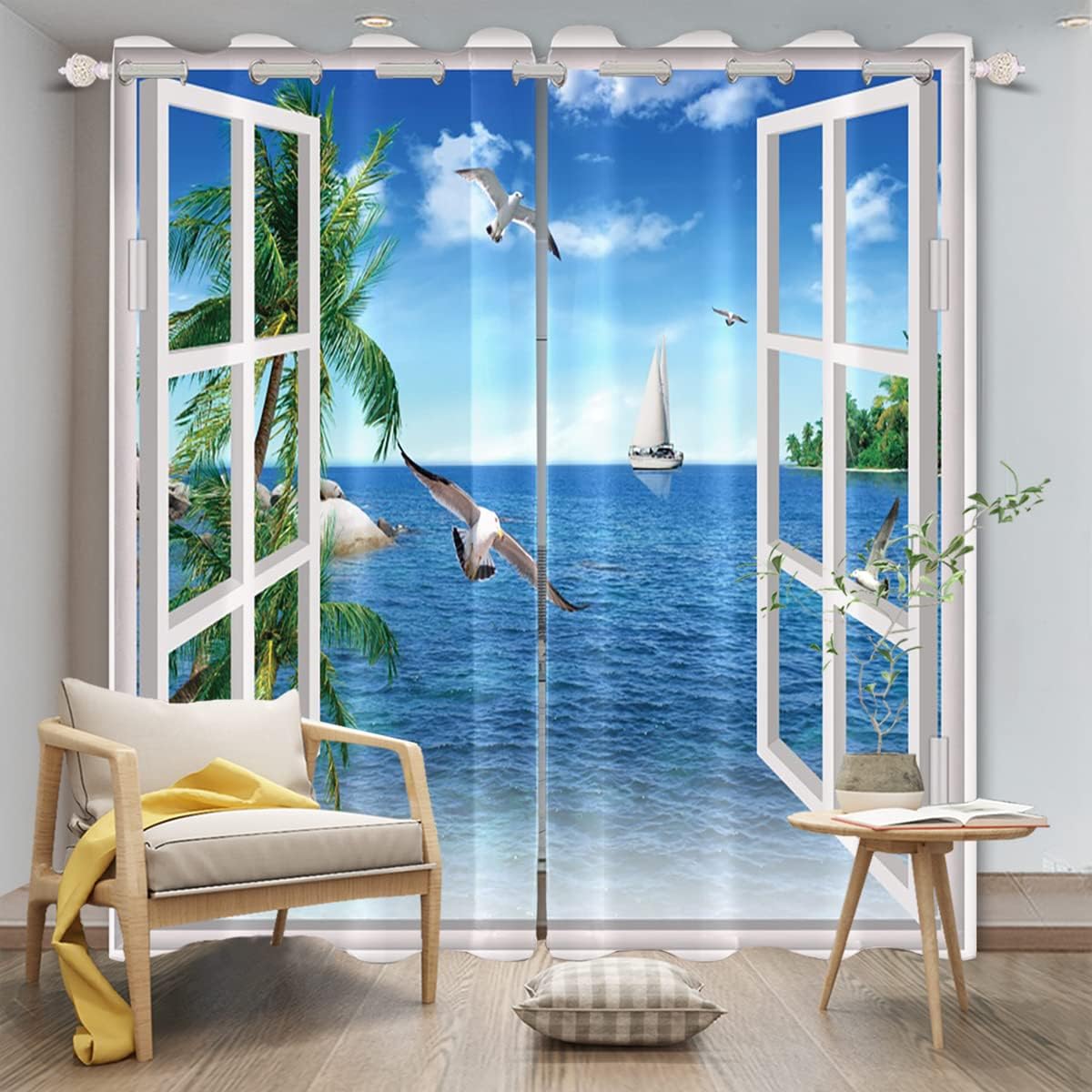 Ocean Scenery Curtains Opened White Window Exotic Palm Trees Seagull Summer Tropical Beach Window Drapes 2 Panel Set for Cowboys Living Room Bedroom Decorative, 21x45 Inches