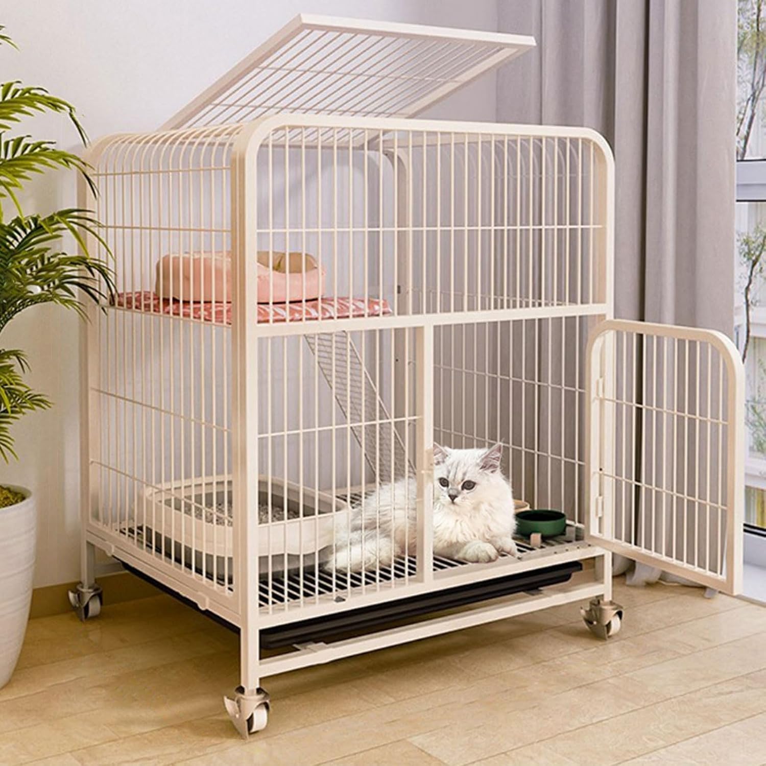 Gabbie per Gatti da Interno Grandi con Lettiera per Due Gatti Gabbia per Furetto per Gattini in Metallo Pieghevole Rotelle Rotanti A 360 ° Recinto per Animali Domestici con, White, B-78 * 54 * 137CM