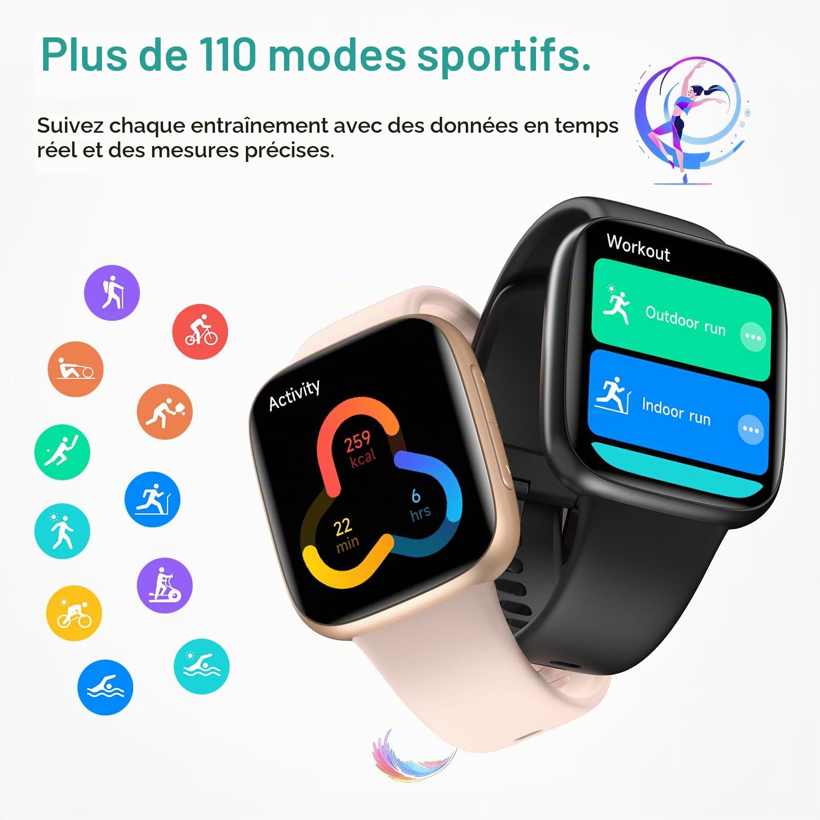 Montre Connectée Homme 1.85" AMOLED 3ATM Etanche Smartwatch Femme avec Appel, Voix de l'IA, pour Samsung iPhone Android, Moniteur de Sommeil/SpO2/Fréquence Cardiaque 110 Sport Calories Podometre