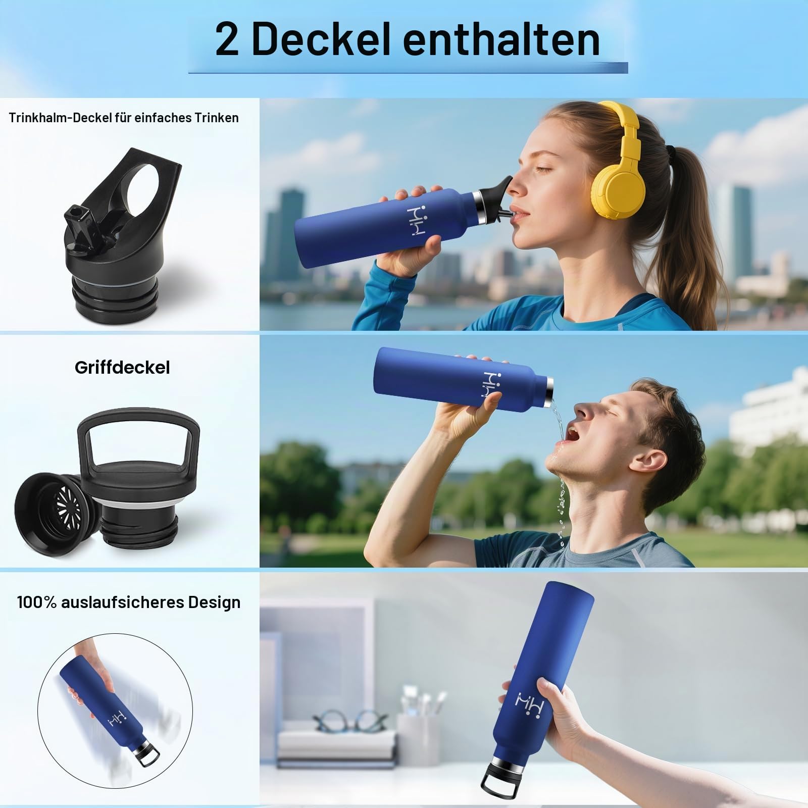 Thermosflasche 1L, Edelstahl Trinkflasche mit Strohhalm, Vakuum Thermosflasche, Einhandöffnung, Kohlensäure Geeignet… – Ansicht 3