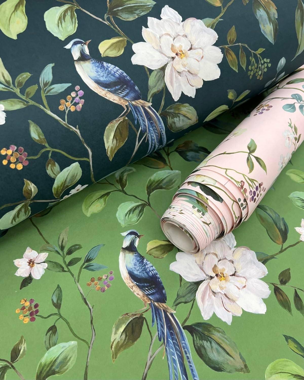 NextWall Daisy Bennett Designs Chinoiserie Bird Vine Premium Matte Non-Woven Peel and Stick Wallpaper (Green)