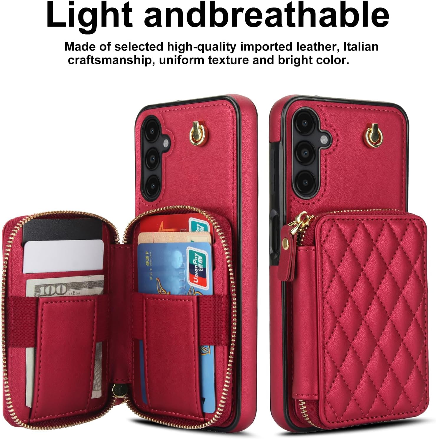 Phone Case for Samsung Galaxy A16 5G/4G Zipper Wallet Cell Cover with Tempered Glass Screen Protector Wrist Crossbody Strap Lanyard Stand RFID Blocking Credit Card Holder Slot A 16 Women Girls Red