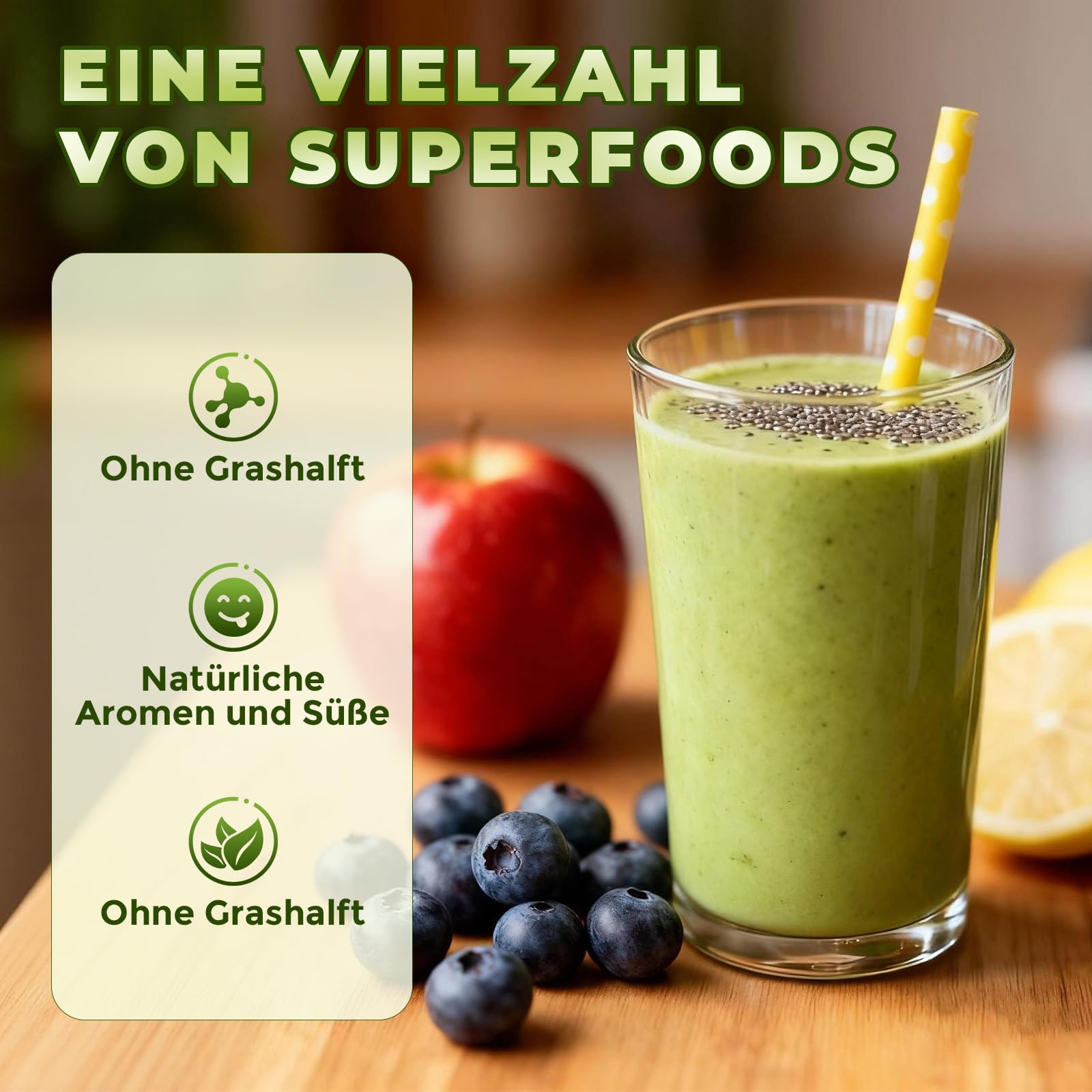 Grünes Superfood Pulver 200g – Greens Mix mit Matcha, Spirulina, Gerstengras & Heidelbeeren | Ballaststoffreich & Vegan | Natürliches Pflanzenpulver für Alltag Ernährung