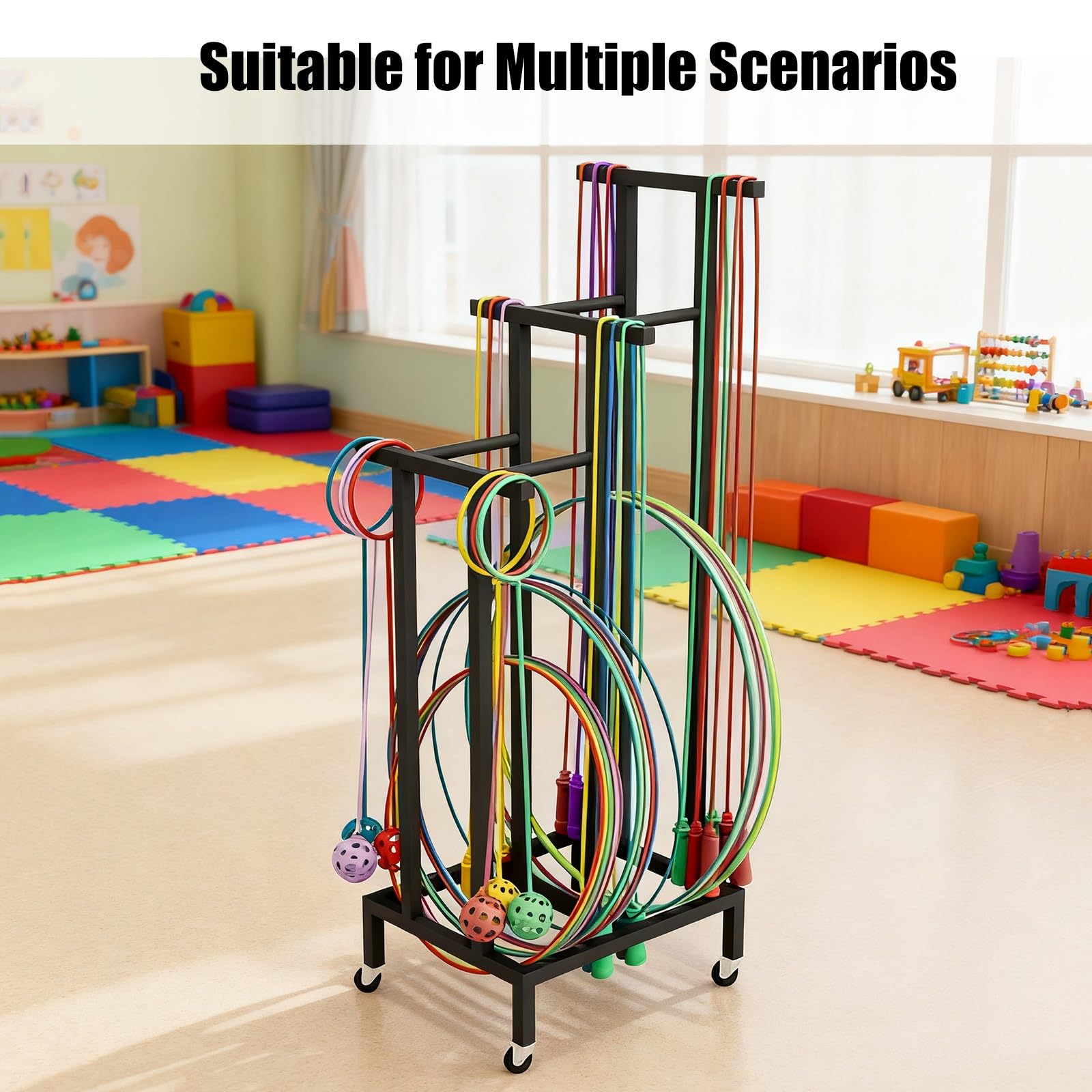 Supporto per Hula Hoop Carrello in metallo per hula hoop, anello da ginnastica e supporto per corda da salto con ruote, espositore per attrezzature sportive per studi yoga