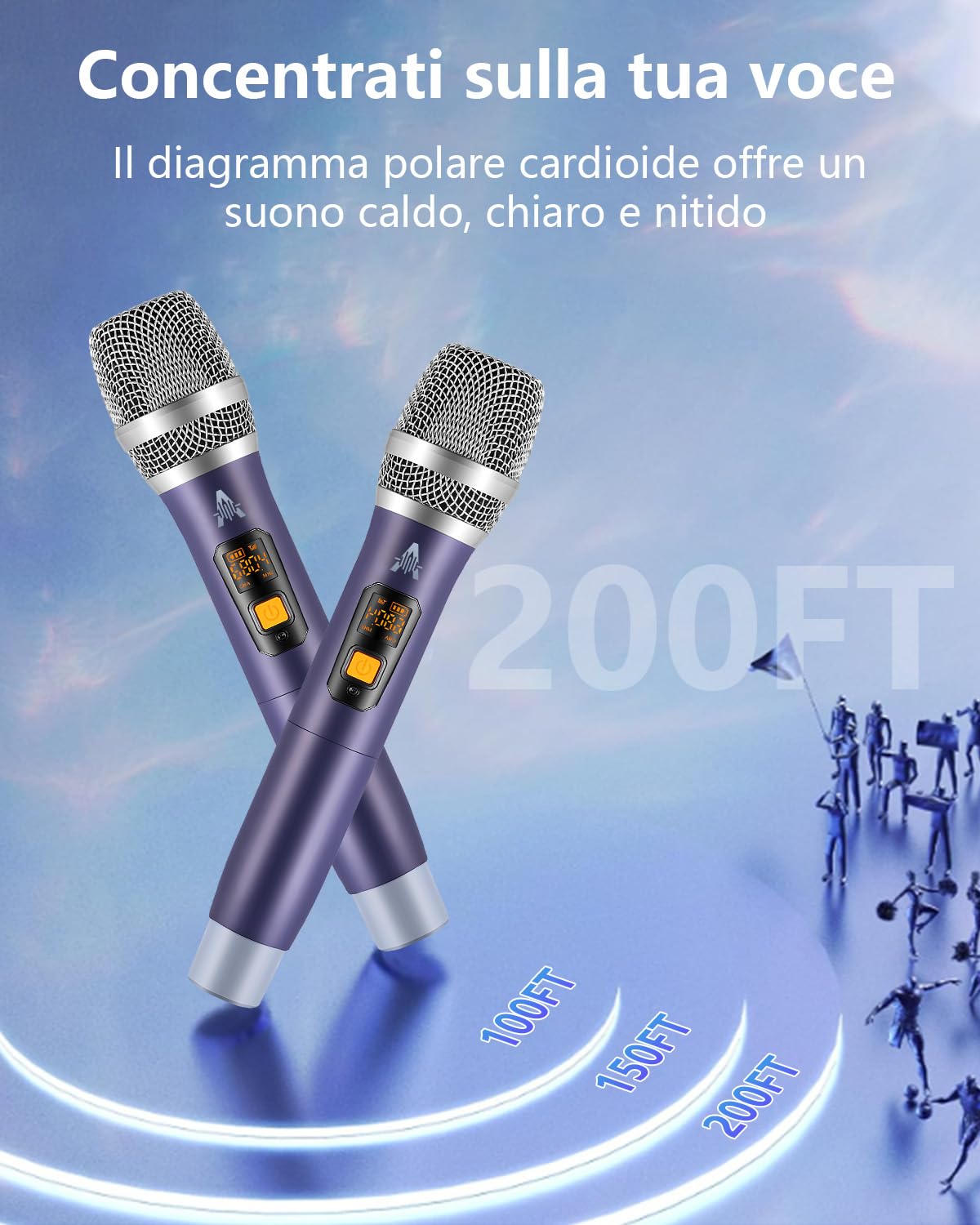 Microfono Wireless, UHF metallo doppio portatile cordless sistema microfono dinamico con ricevitore ricaricabile (40H durata, 200ft gamma) per il canto, Karaoke, Chiesa, discorso, matrimonio