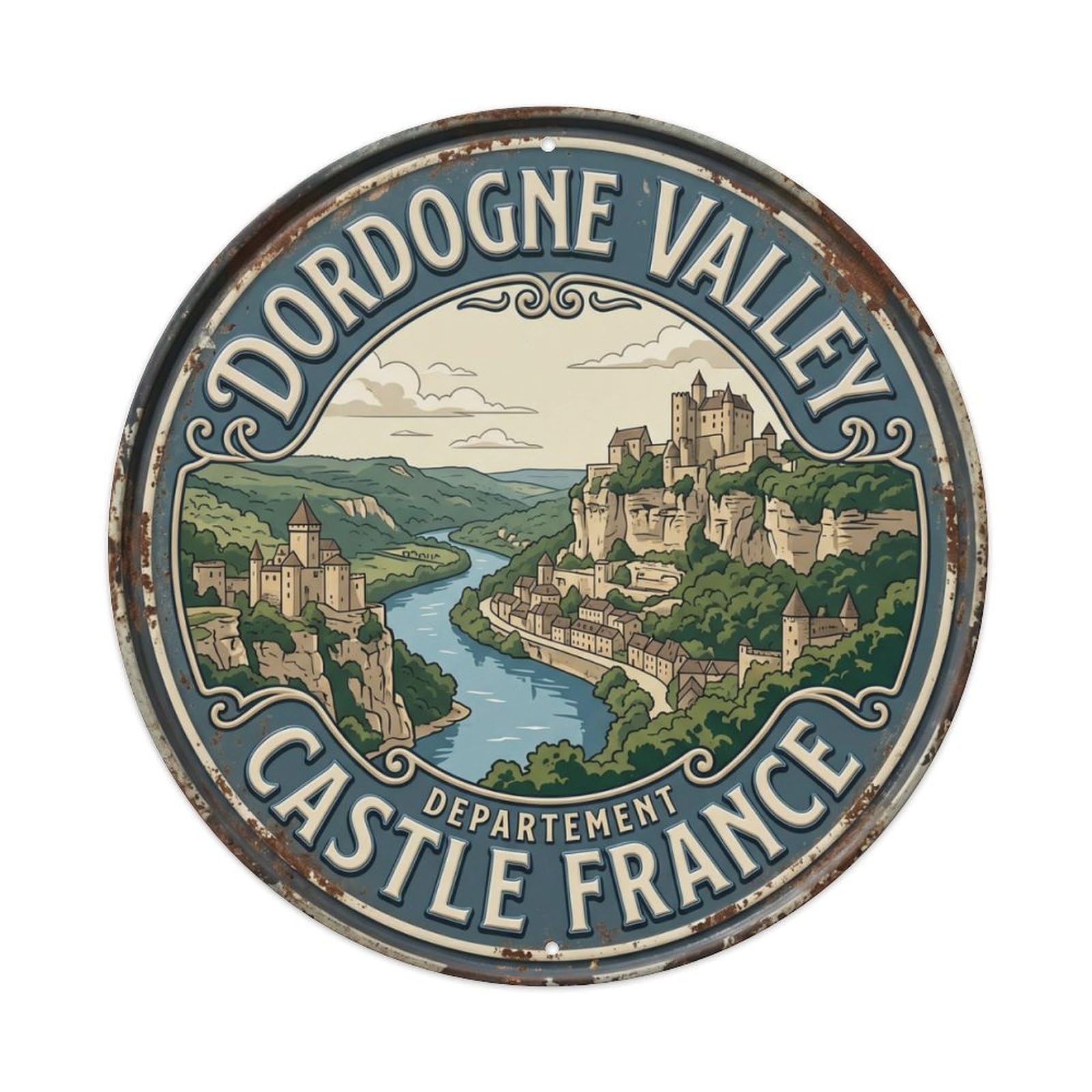 Dordogne Valley Castle France River Metal Tin Sign Plaque Wall Decor for Cafe, Club Bar, Office, Home Garden Round Metal Poster 8x8Inch