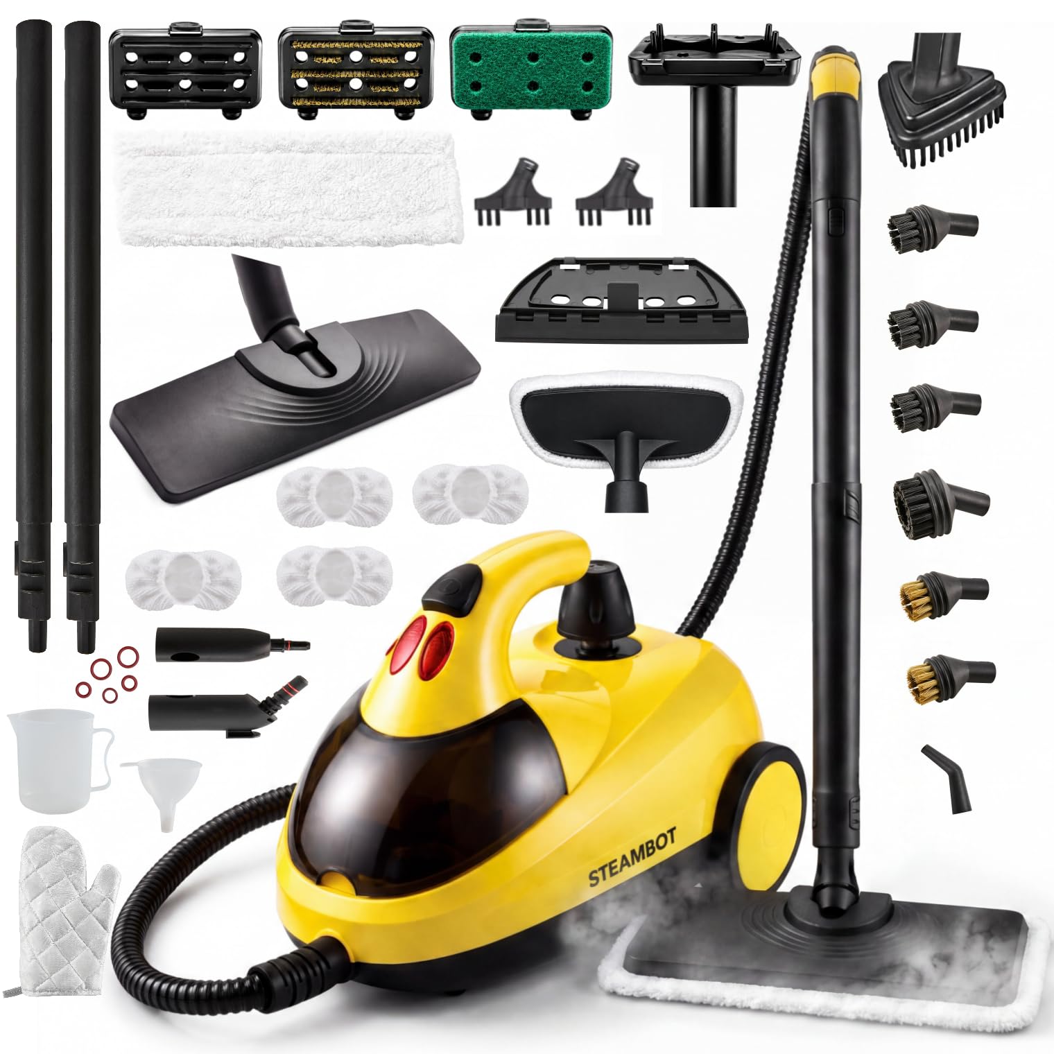 STEAMBOT Mop parowy 37 w 1 do domu i samochodu, zbiornik na wodę 2 l, wąż 1,3 m, głębokie czyszczenie parą do podłóg, płytek, fug, okien, kuchni, salonu, parowar wielopowierzchniowy