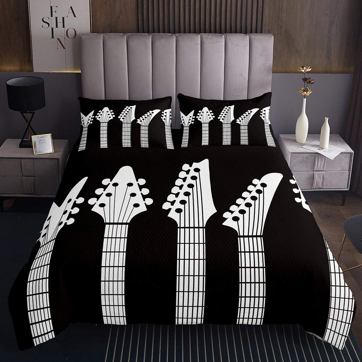Copriletto trapuntato per chitarra e chitarra musicale ideale per bambini ragazzi ragazze musica rock set di trapunte con strumenti musicali colore: nero bianco 3 pezzi260x240cm