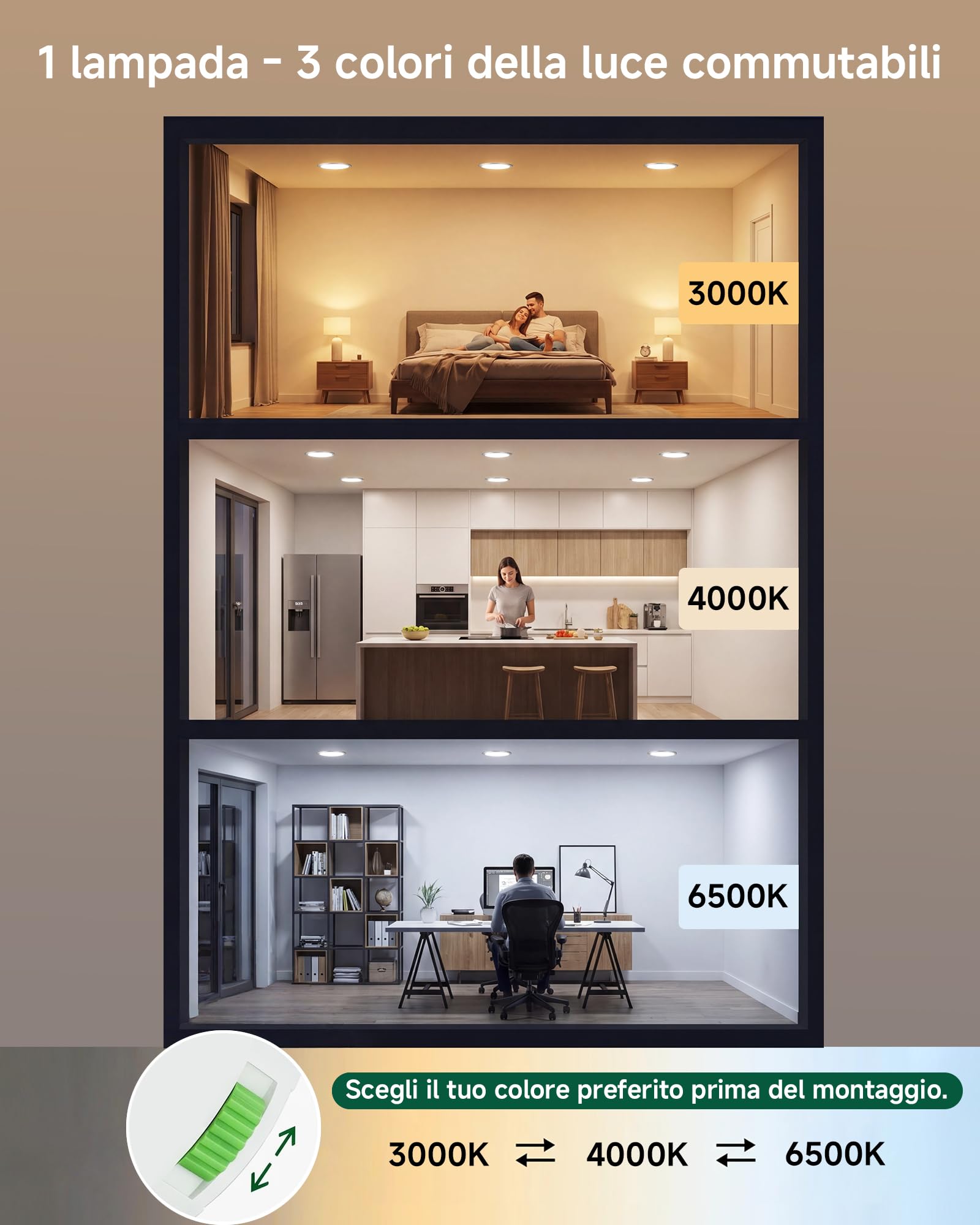 Faretti LED da Incasso 6 Pezzi 4W 360LM IP65 Ø55-68mm Nichel | Faretti LED da incasso 360LM Nichel IP65 con luce 3000K/4000K/6500K regolabile e funzione dimmerabile per interni