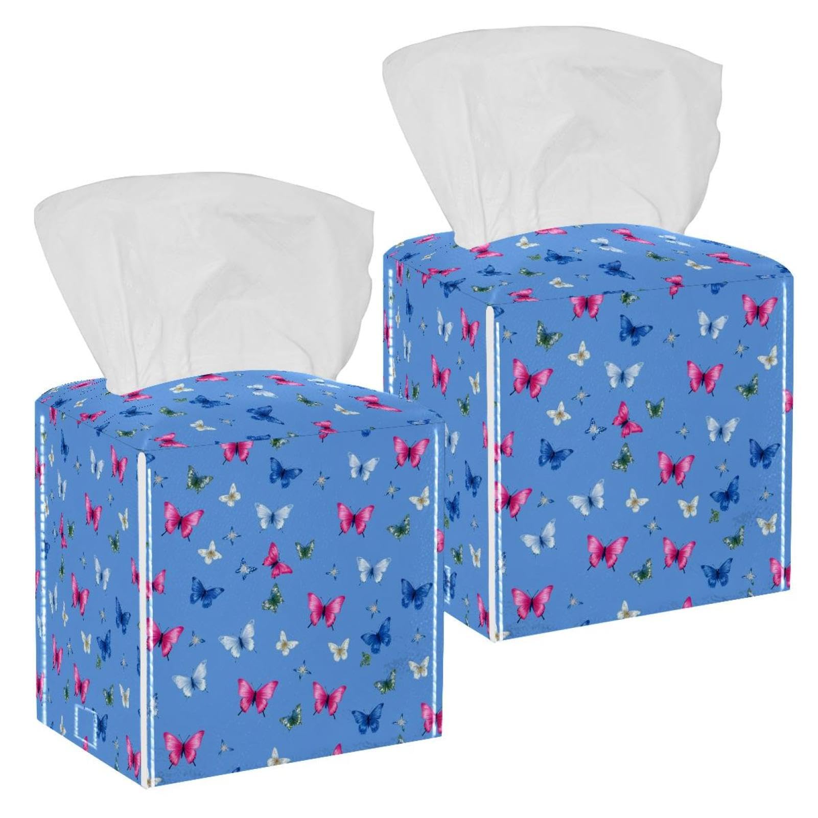Aesthetic Butterfly Tissue Box Cover, 2 Pack PU Leather Square Facial Tissue Dispenser Box holder for Home Office Car