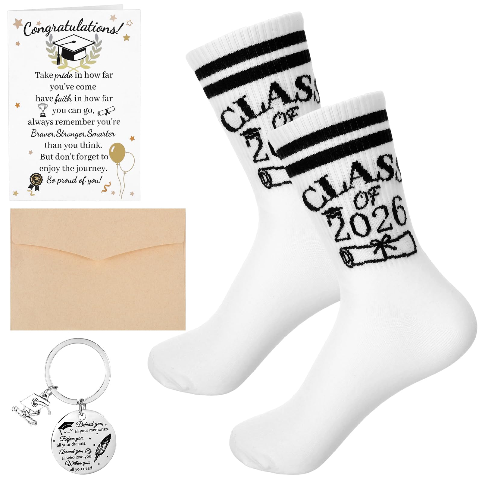 Graduation Gifts Set for Her and Him, School Leavers Presents Include Class of 2026 Socks, Keyring, Funny Graduation Card and Envelope, Congratulations Gift for High School, University Leavers 2026