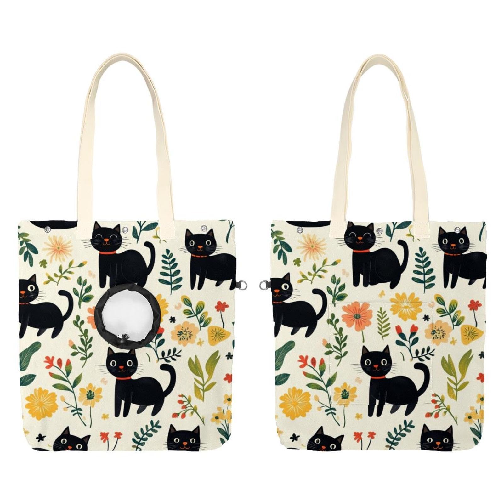 Sac à bandoulière en toile pour chat et petit chien à motif fleuri noir