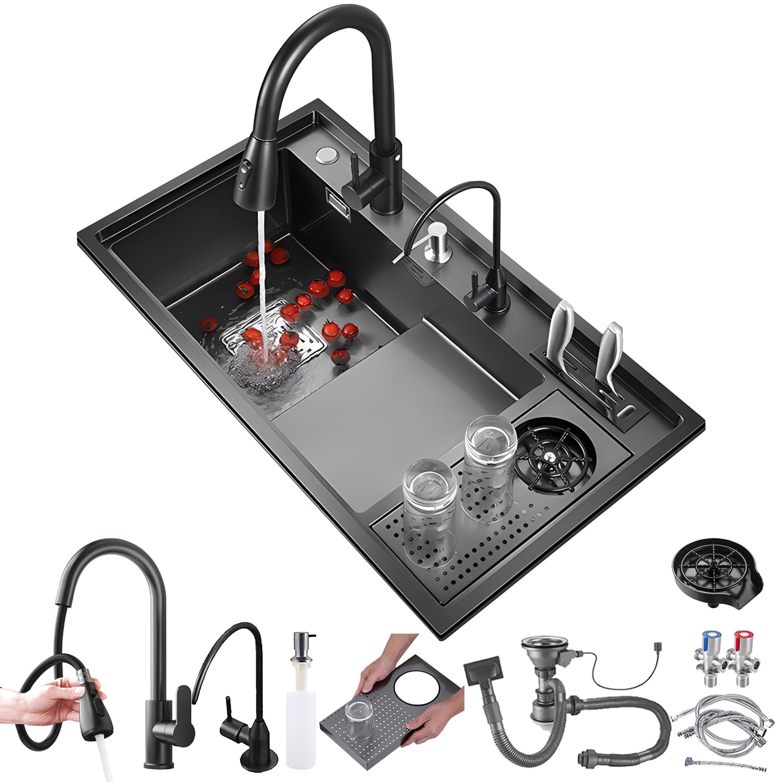ZQFHSX Kitchen Sink, 304 Stainless Steel Bar One Bowl Tiered Accessories, Sinks with Coasters (Size : 82x46cm)