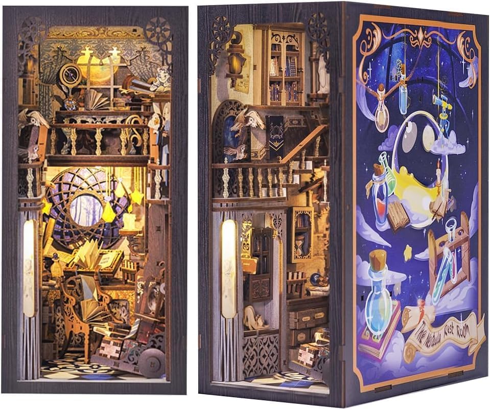 Kit de rincón de libros de bricolaje Sujetalibros decorativos con luz LED, decoración de elementos mágicos, cubierta a prueba de polvo Regalo para