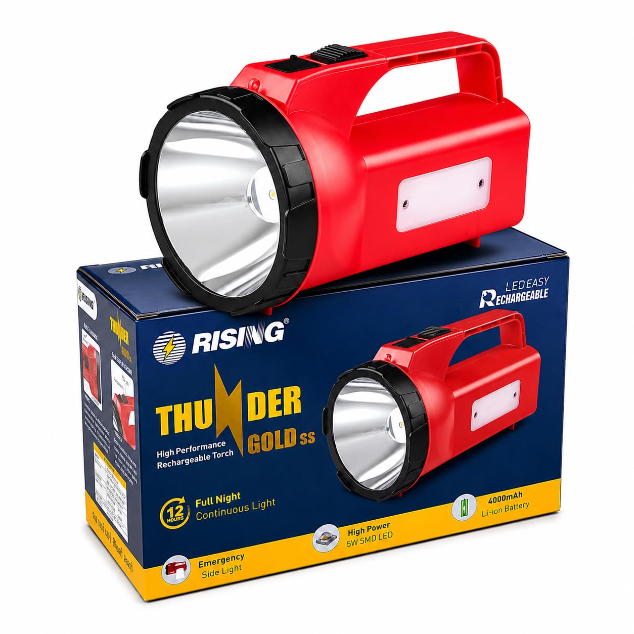 rising thunder gold ss rechargeable 5w led torch with emergency sidelight | 4000mah li-ion battery | type-c fast charging | 1km long range beam | up to 12 hours backup