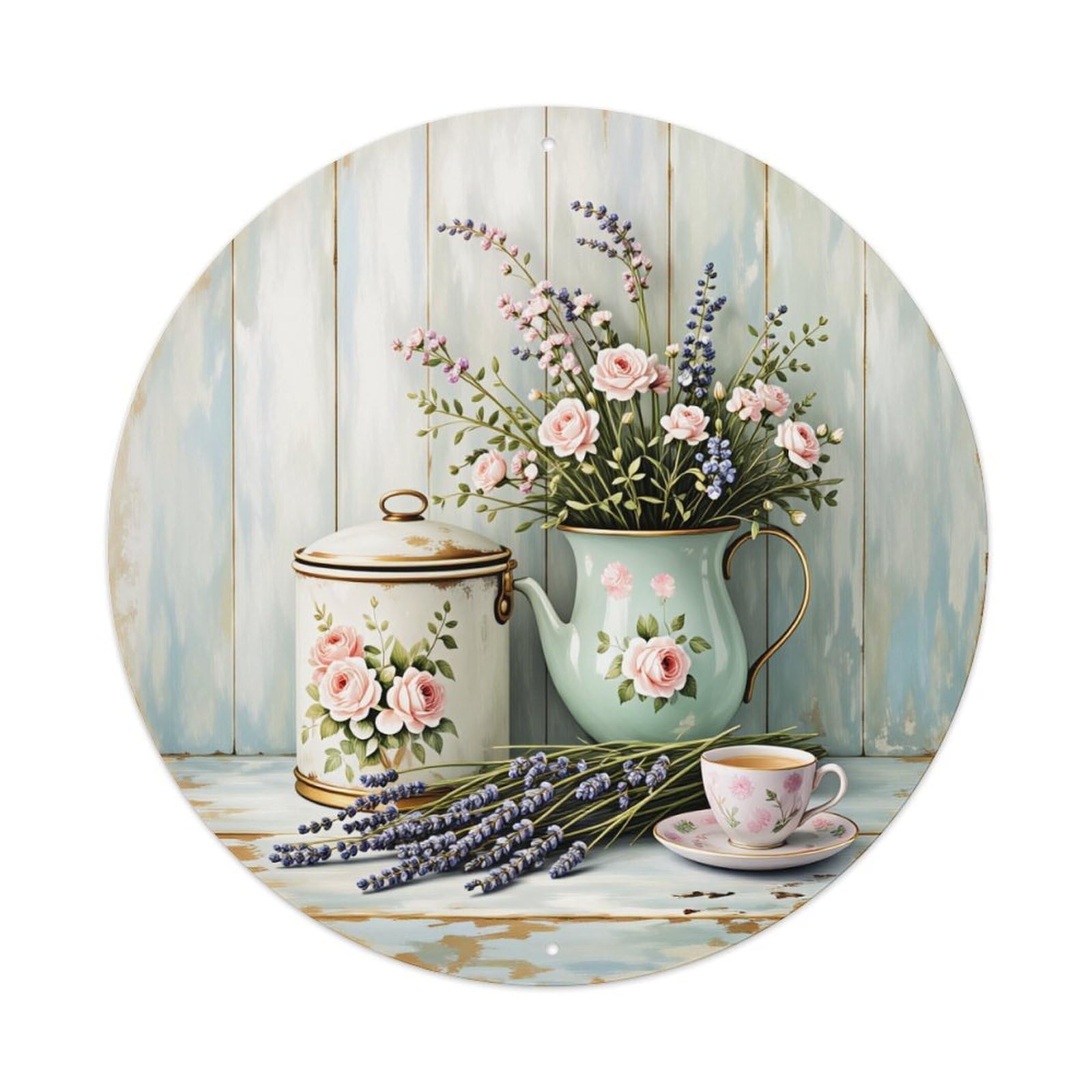 Floral Rose Lavender Teapot Cup Round Tin Sign Vintage Style Metal Sign Home Bar Garden Wall Plaque Decor Metal Poster 8x8 Inch