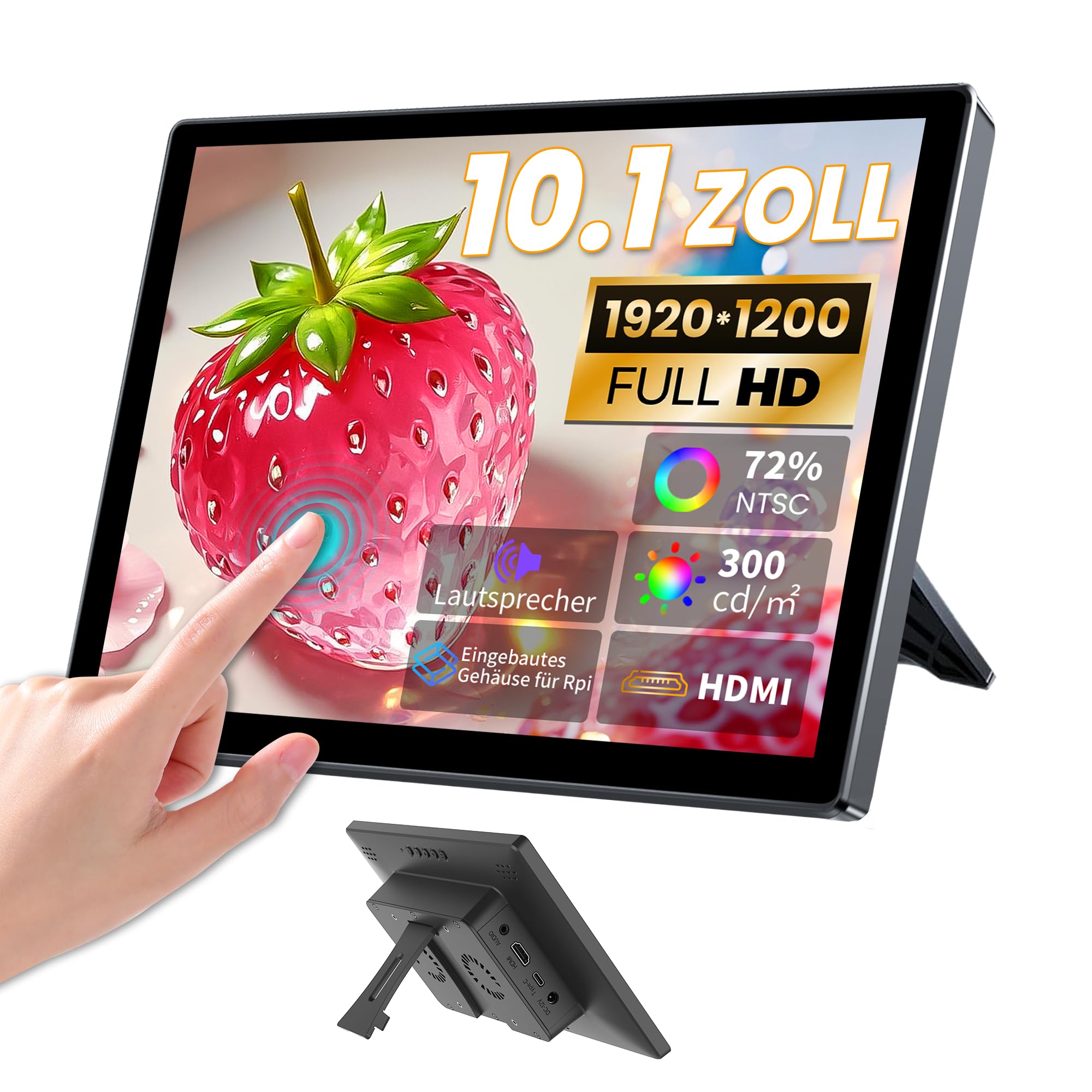 10.1 Zoll Tragbarer Touchscreen Monitor für Raspberry Pi, FHD Display mit Gehäuse, Lautsprecher, HDMI-Eingang, kompatibel mit Raspberry Pi 5/4B/3B+/3B/B+ Jetson Nano Win11/10/8/7/PC