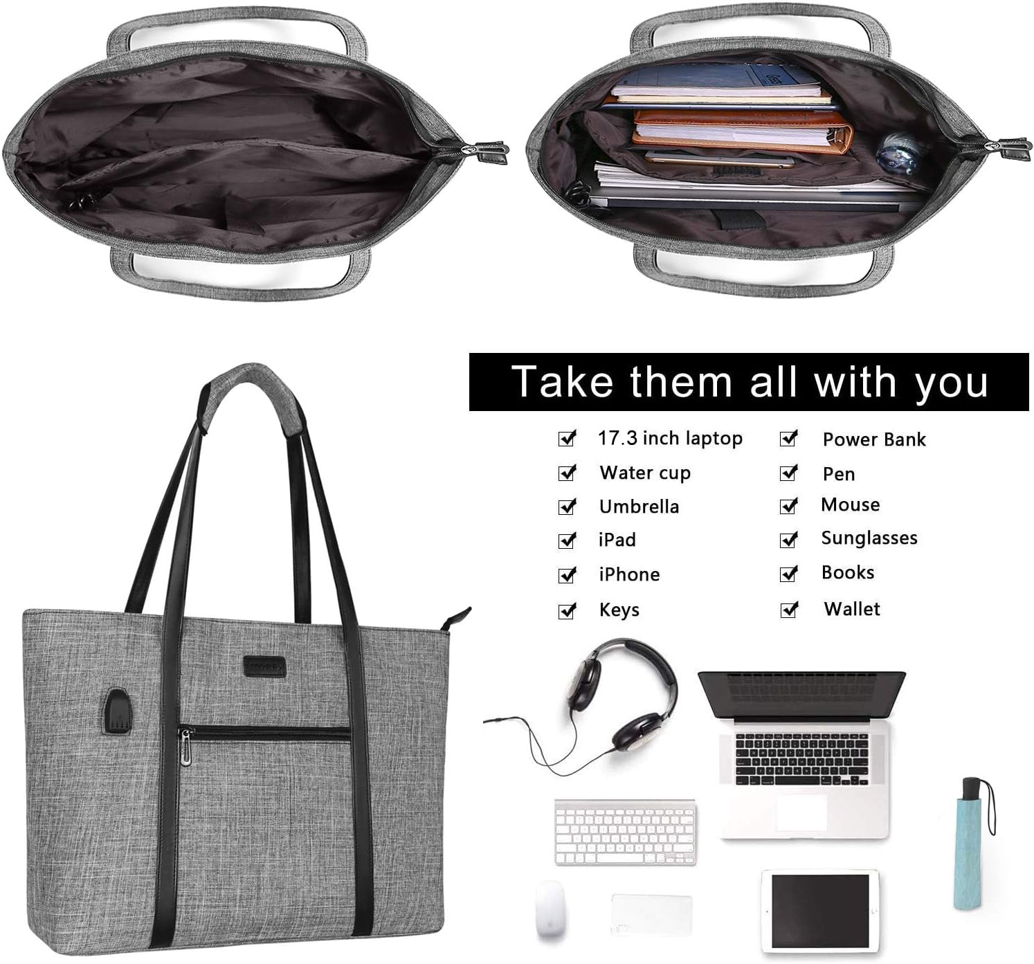 MOSISO USB Port Laptop Tote Bag for Women,Compatible with MacBook, 17-17.3 inch Notebook and Chromebook - Image 5
