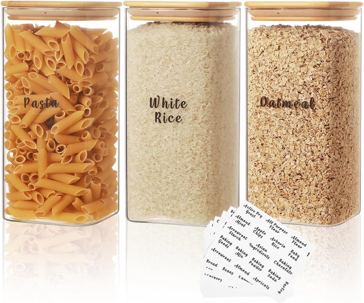 3 Pcs Square Glass Pantry Storage Containers with Bamboo Airtight Lid and 248 Clear Pantry Labels Preprinted – 52oz Thicken Glass Food Storage Jars for Coffee, Cookie, Tea, Sugar, Spice
