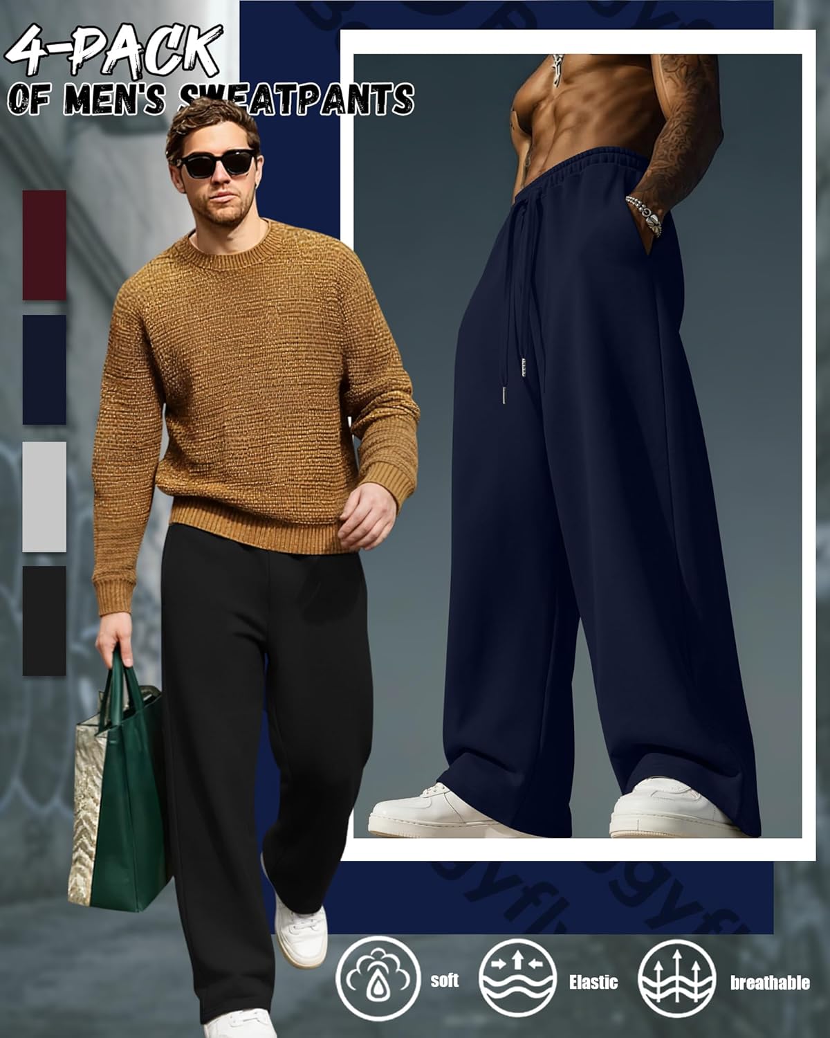4 Pack Men's Sweatpants Wide Leg Open Bottom Baggy Drawstring Joggers Athletic Lounge Pants with Pockets - Image 5