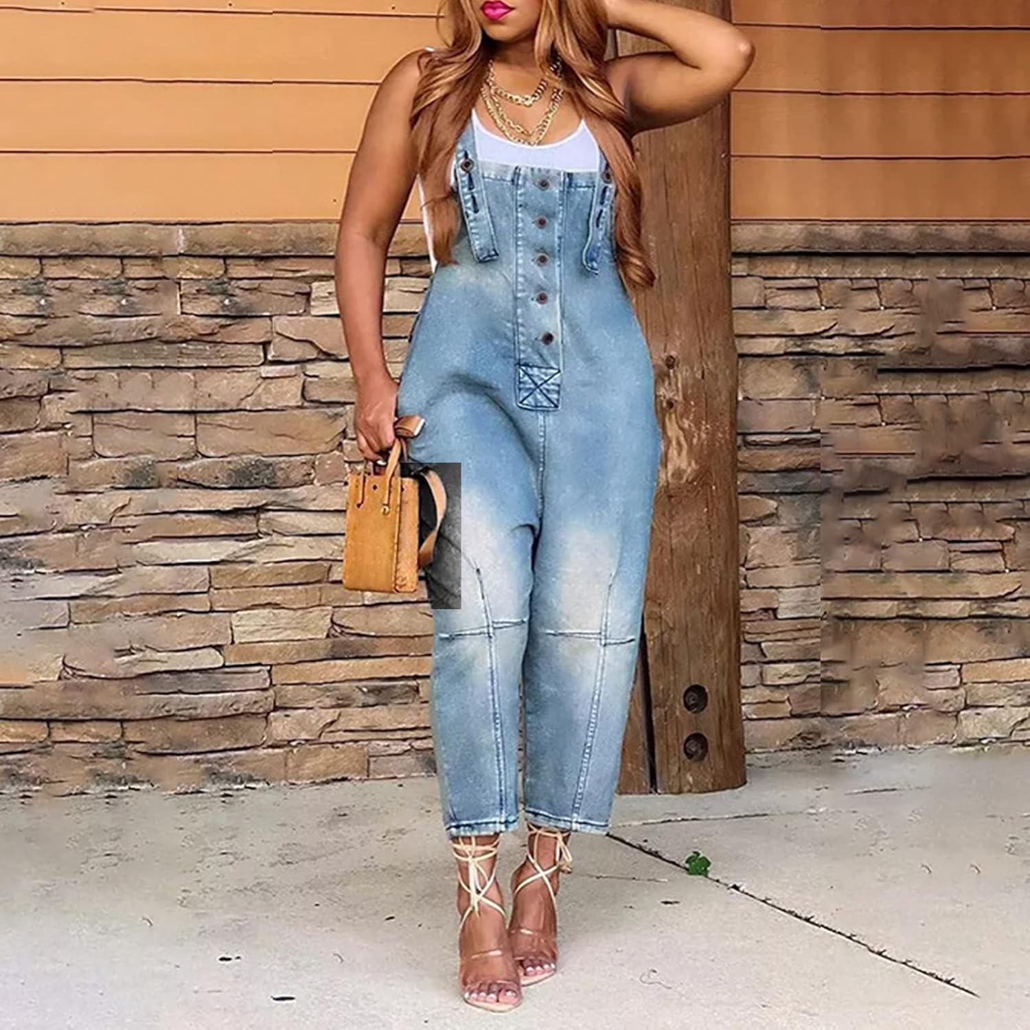 GOKKILRW Womens Denim Bib Overalls Work Capri Pants Loose Casual Fishing Hiking Jean Jumpsuits Lightweight Stretch Suspenders