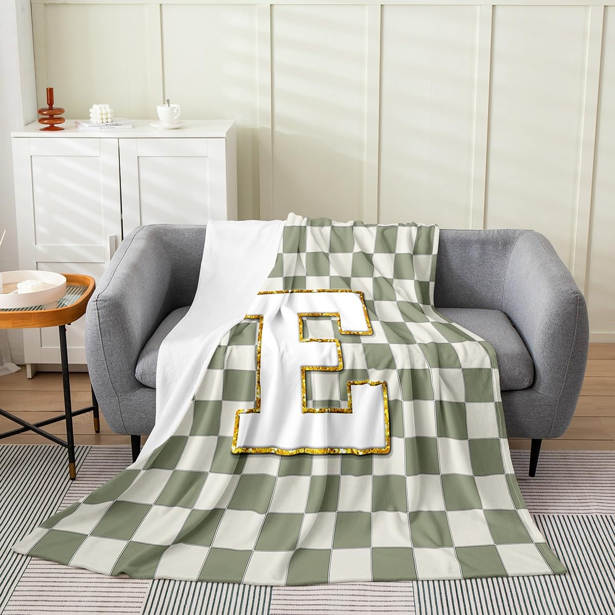 Erosebridal Sage Green Checkered Fuzzy Plush Throw Plaid Initial E Fleece Blanket Personalized Monogram Flannel Blanket for Kids Boys Girls,Fashion Grids Gingham Decor for Bed Couch Twin 60"x80"