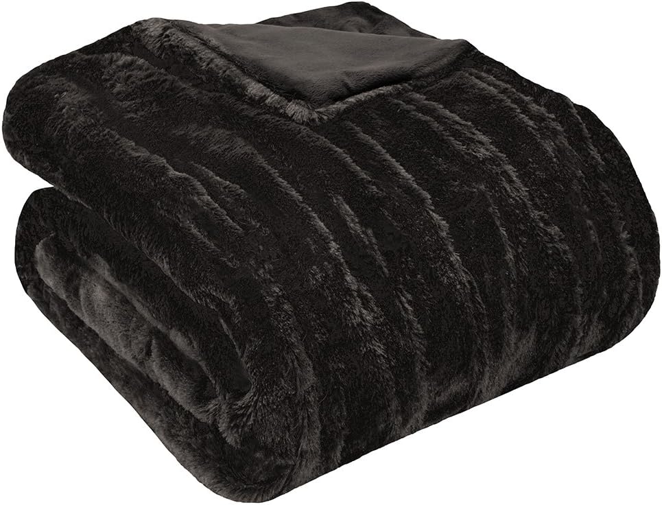Madison Park Oversized Ruched Fur Luxury Throw Black 50x70 Premium Soft Cozy Ruched Fur For Bed, Couch or Sofa