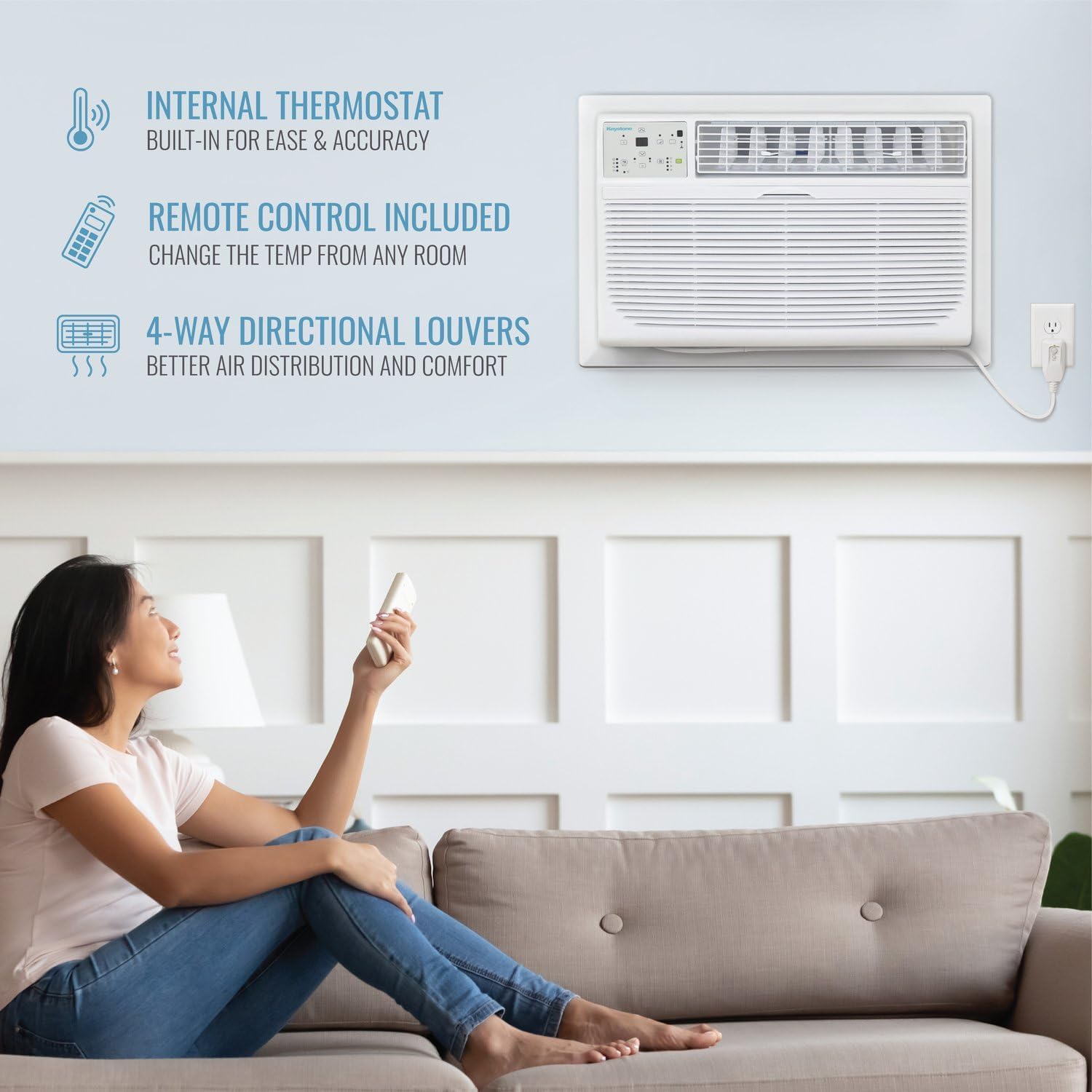 Keystone 8,000 BTU Wall Mounted Air Conditioner with Supplemental Heat and Dehumidifier Function, 115V, Wall AC for Small-Medium Sized Rooms up to 350 Sq.Ft. with Remote, Quiet, High Efficiency AC