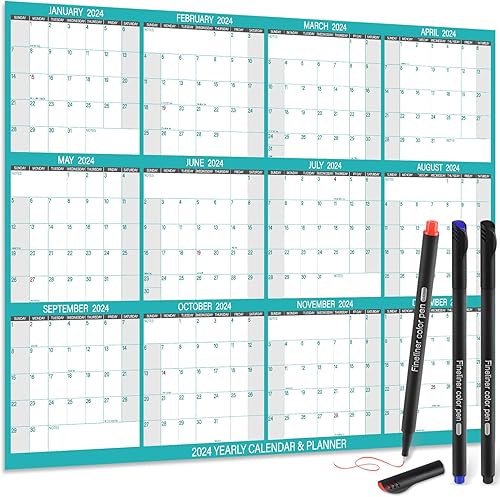 Calendario de pared 2024 de 24 x 36 pulgadas con 3 bolígrafos de color de punta fina, planificador anual anual grande de 12 meses, calendario